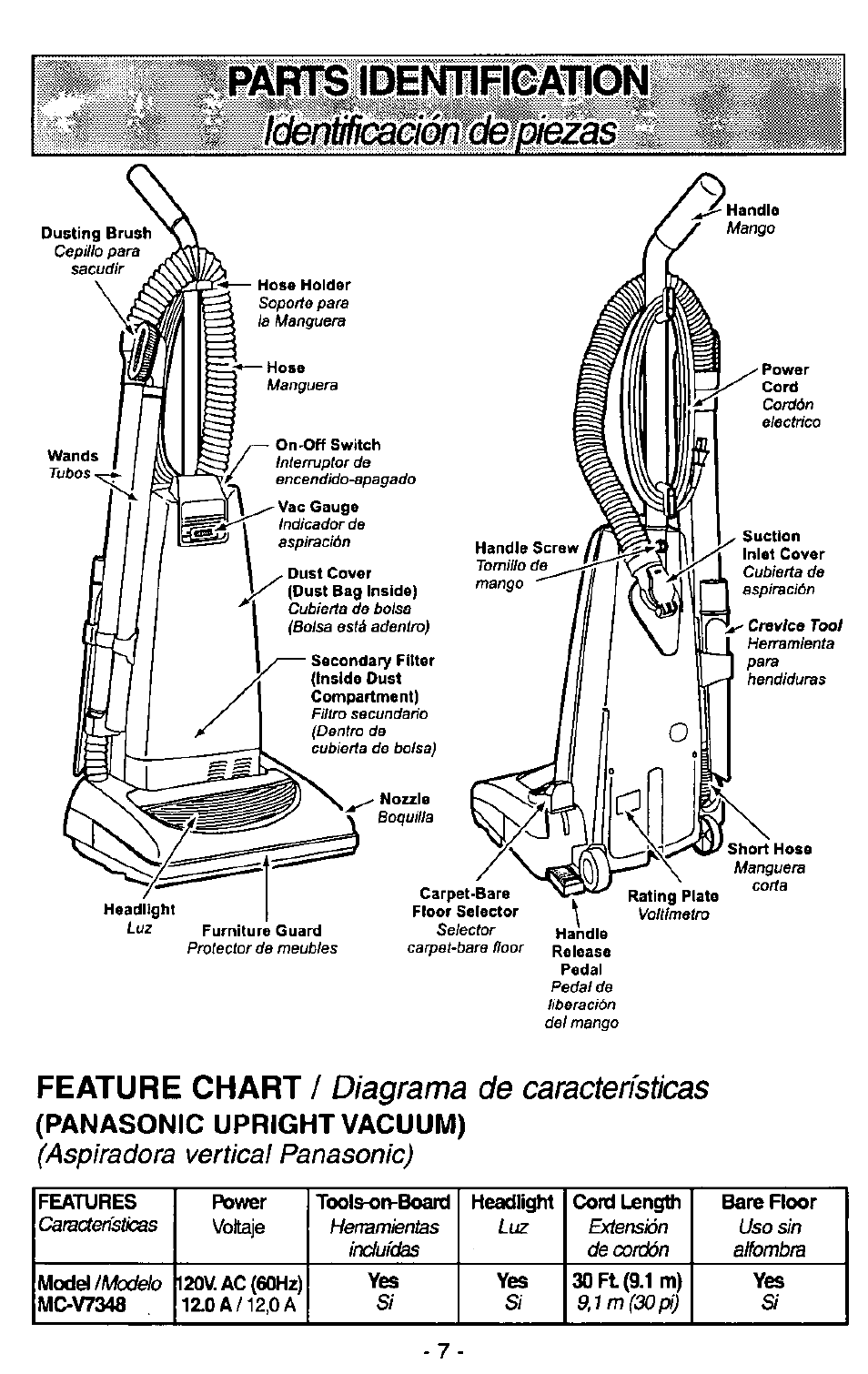 Рдщ8 identiril©a110n, 1ш)шсёешщшёгаз, Aspiradora vertical panasonic) | Feature chart, Panasonic upright vacuum), Diagrama de características, Ifci, Voltaje, 12,0 a | Panasonic MC-V7348 User Manual | Page 7 / 24