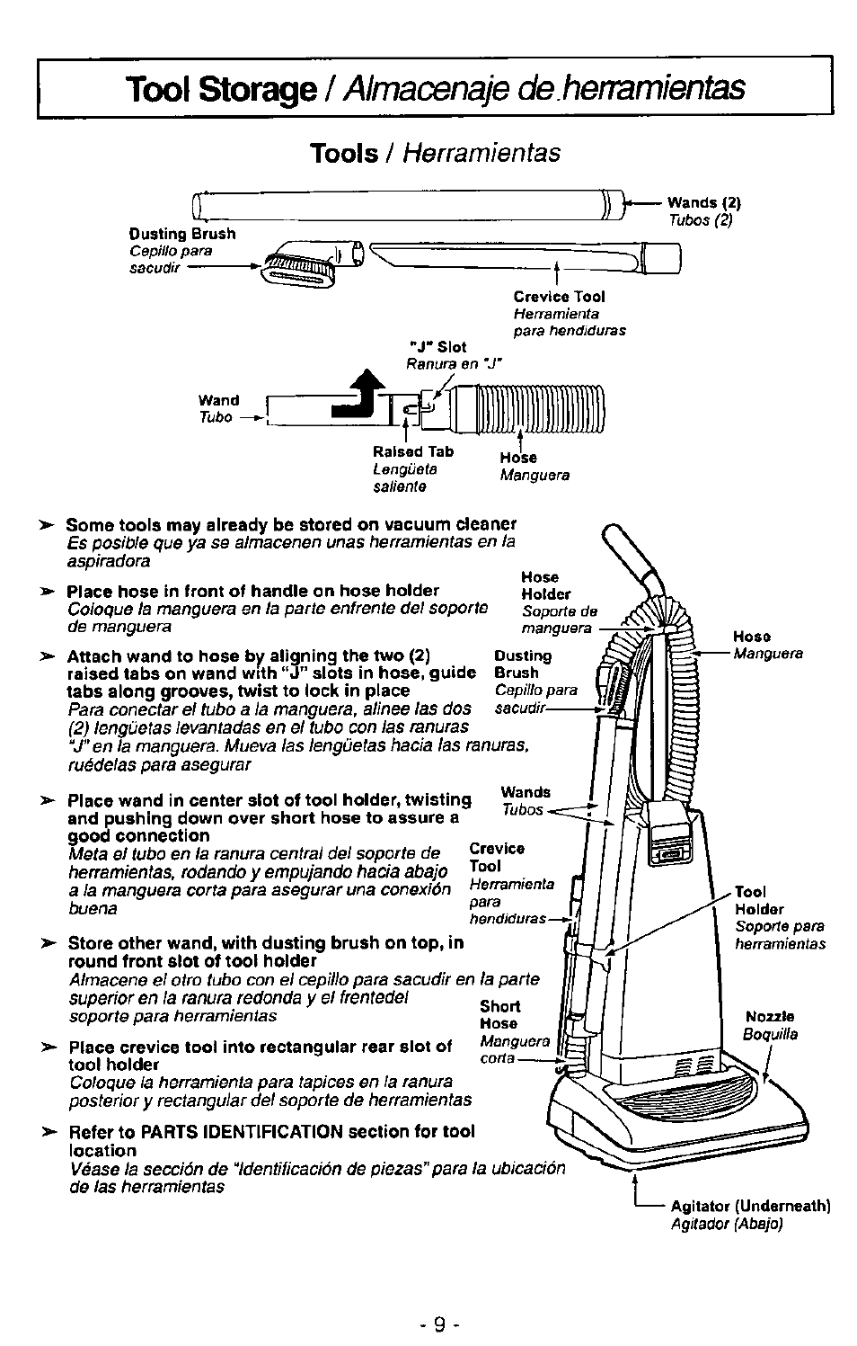 Some tools may already be stored on vacuum cleaner, Place hose in front of handle on hose holder, Herramientas | Áisti, Tools | Panasonic MC-V7348 User Manual | Page 9 / 24