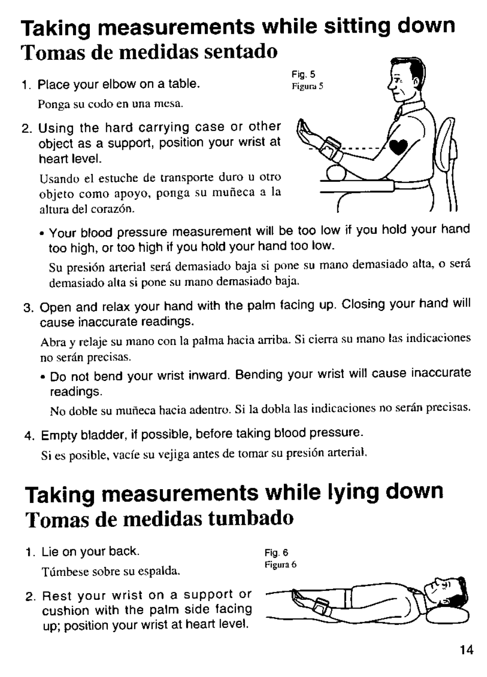 Taking measurements while sitting down, Taking measurements while lying down, Tomas de medidas sentado | Tomas de medidas tumbado | Panasonic EW280 User Manual | Page 15 / 32