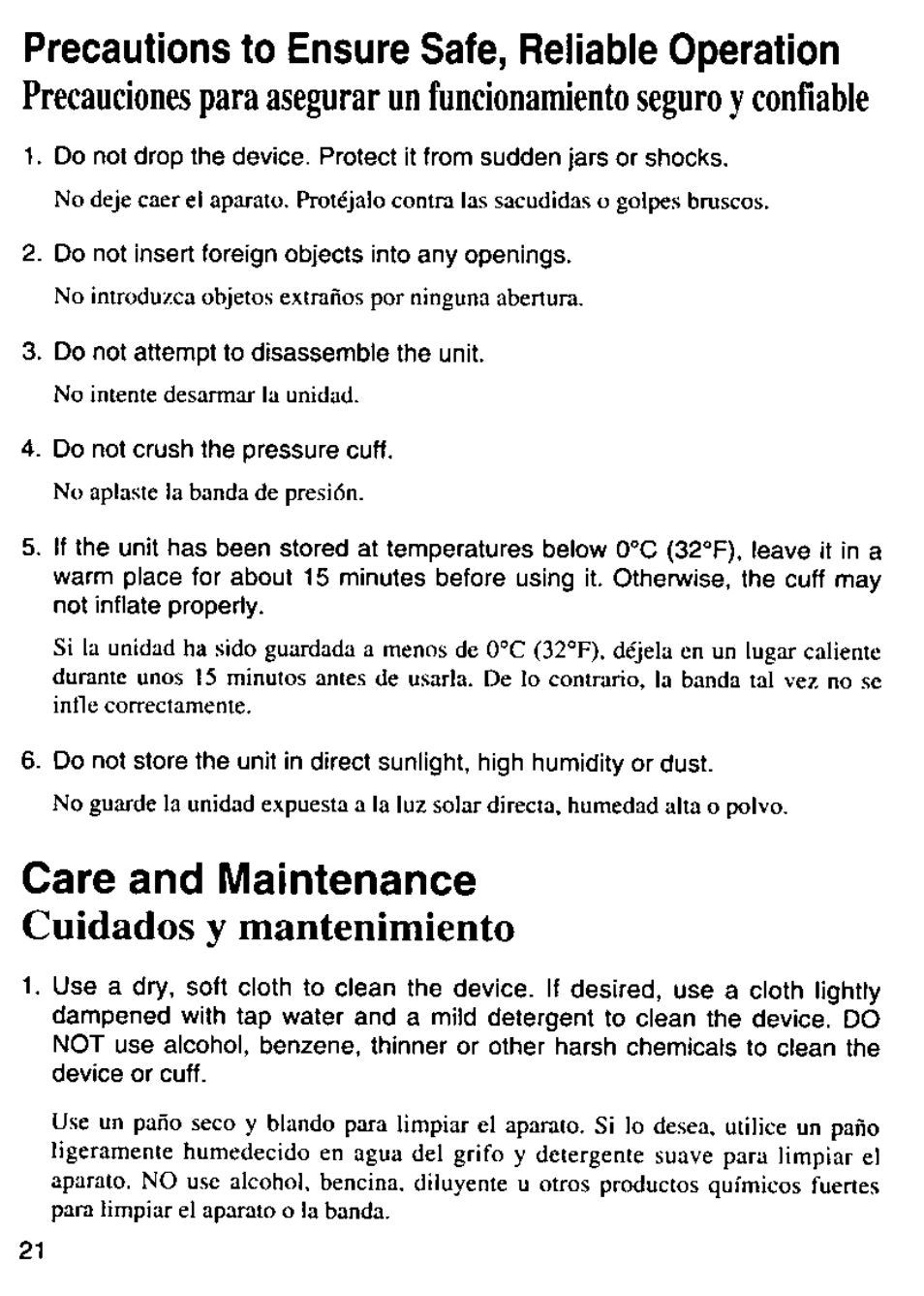 Precautions to ensure safe, reliable operation, Care and maintenance, Cuidados y mantenimiento | Саге and maintenance | Panasonic EW280 User Manual | Page 22 / 32