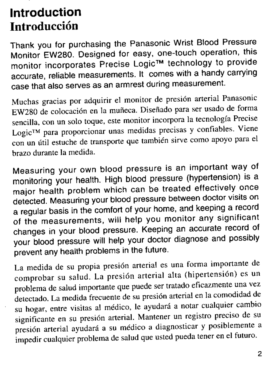 Introduction, Introducción | Panasonic EW280 User Manual | Page 3 / 32