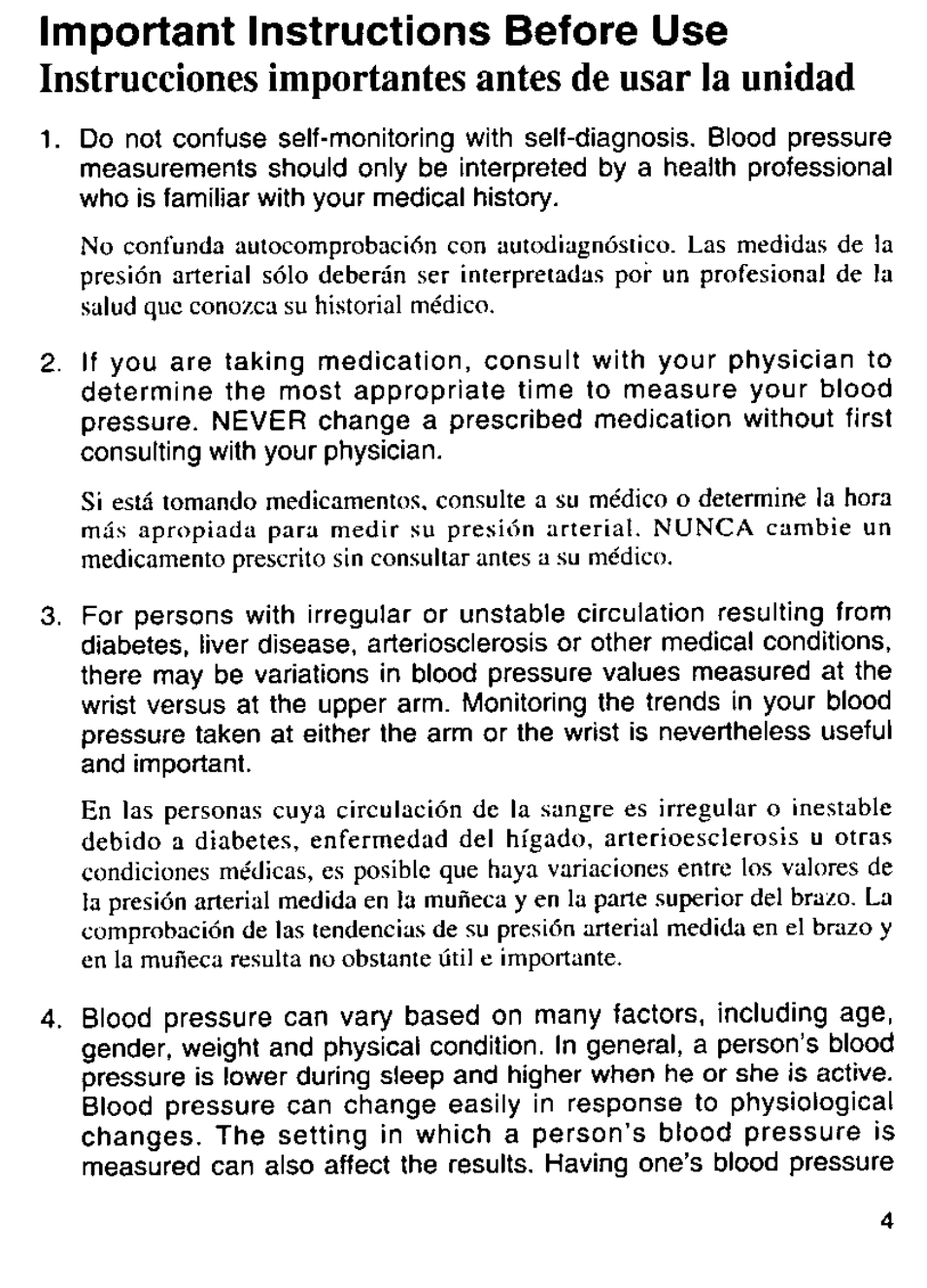 Important instructions before use, Instrucciones importantes antes de usar la unidad | Panasonic EW280 User Manual | Page 5 / 32