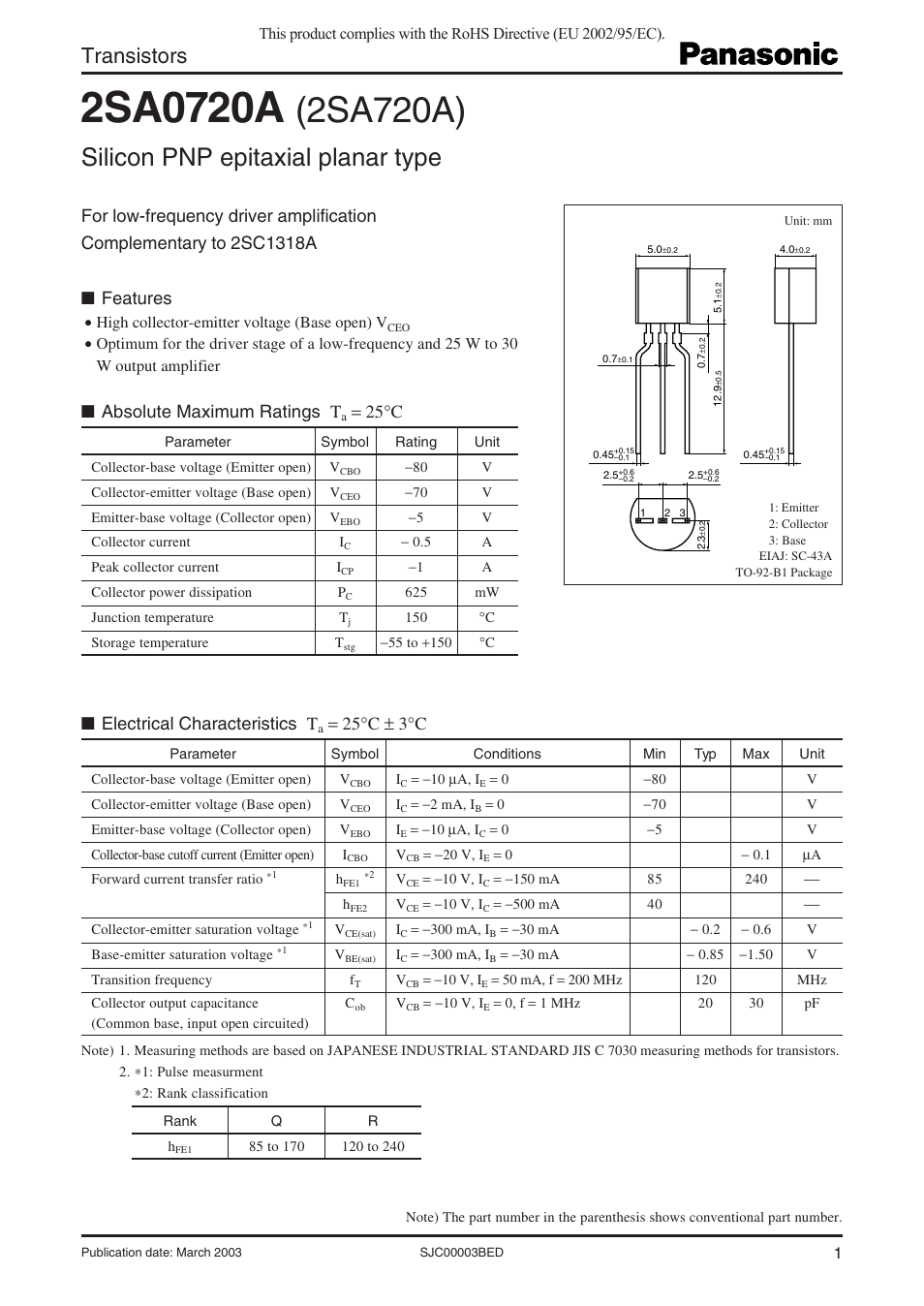 Panasonic 2SA0720A User Manual | 3 pages