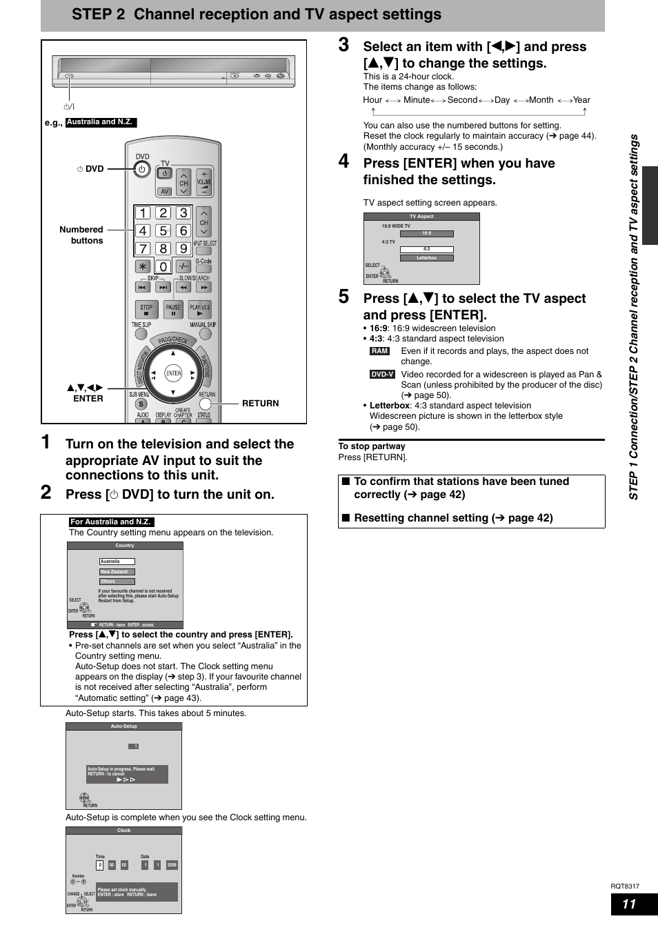 Step 2 channel reception and tv aspect settings, Press [ ^ dvd] to turn the unit on, Press [enter] when you have finished the settings | Panasonic DIGA DMR-ES15 User Manual | Page 11 / 52