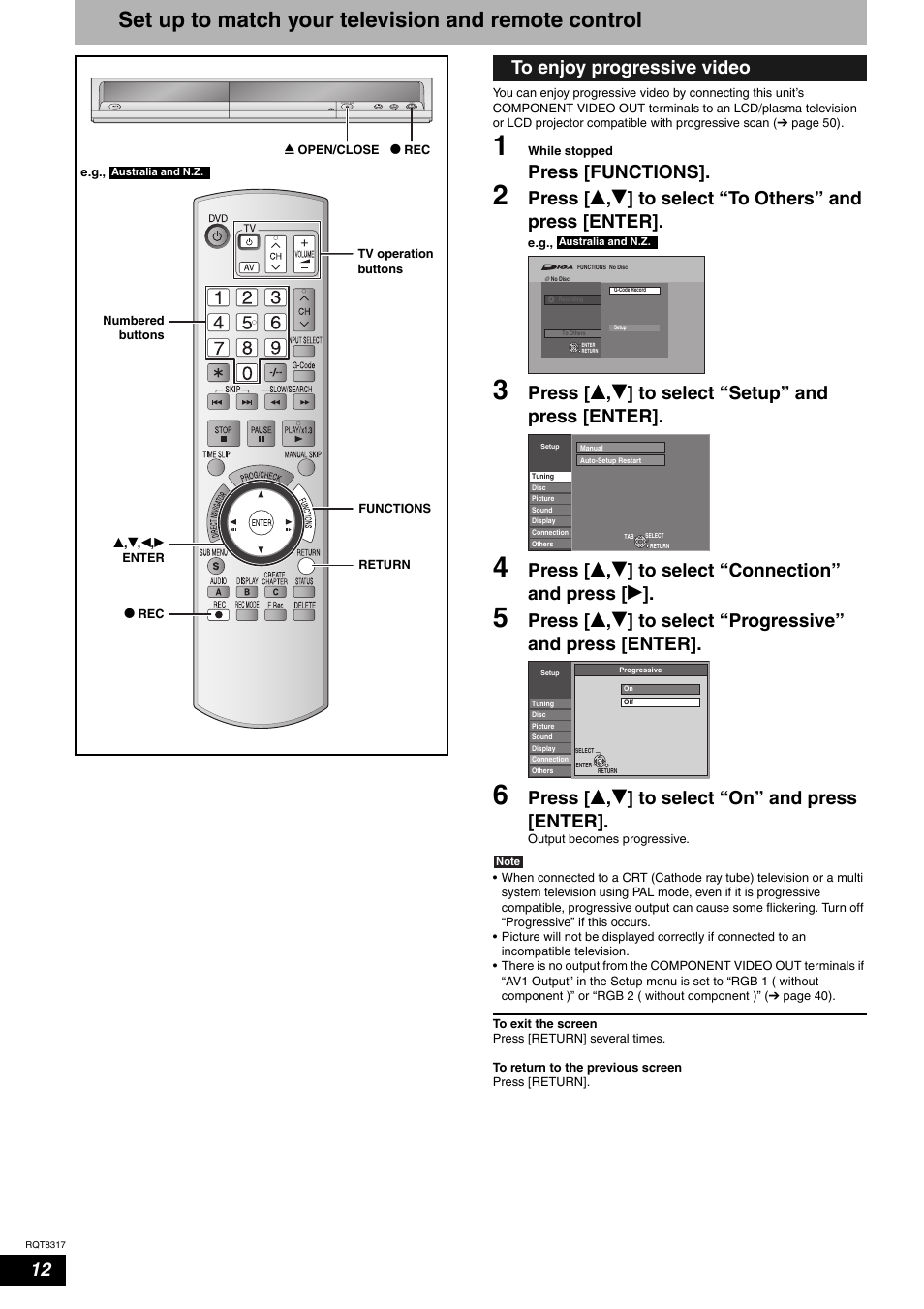 Set up to match your television and remote control, Press [functions, Press [ e , r ] to select “setup” and press [enter | Press [ e , r ] to select “on” and press [enter | Panasonic DIGA DMR-ES15 User Manual | Page 12 / 52