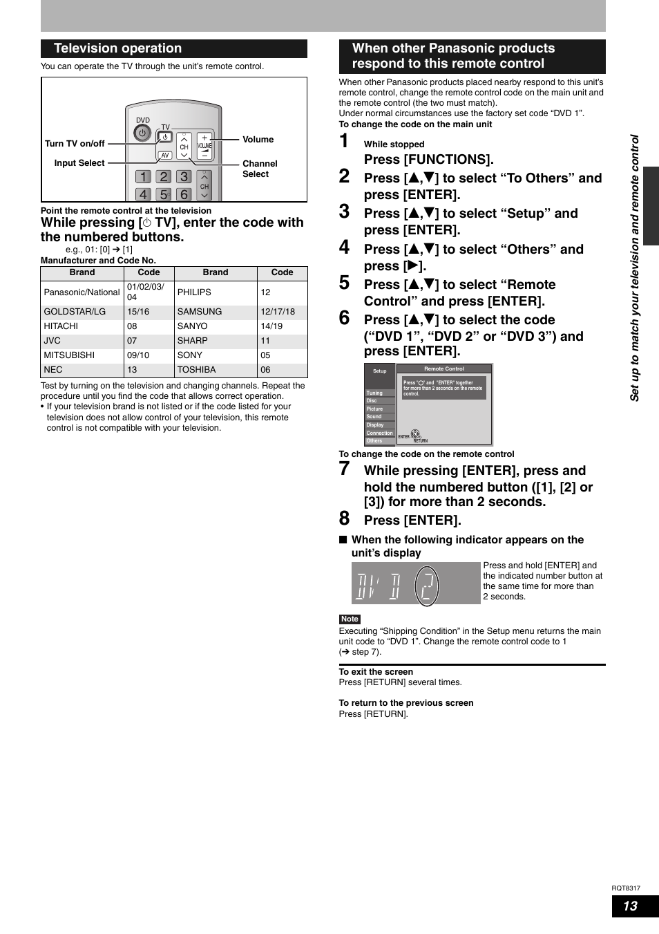 Press [functions, Press [ e , r ] to select “setup” and press [enter, Press [ e , r ] to select “others” and press [ q | Press [enter, Television operation | Panasonic DIGA DMR-ES15 User Manual | Page 13 / 52