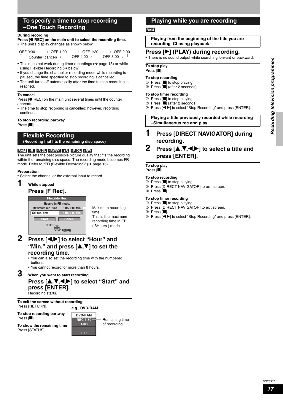 Press [f rec, Press [ q ] (play) during recording, Press [direct navigator] during recording | Playing while you are recording | Panasonic DIGA DMR-ES15 User Manual | Page 17 / 52