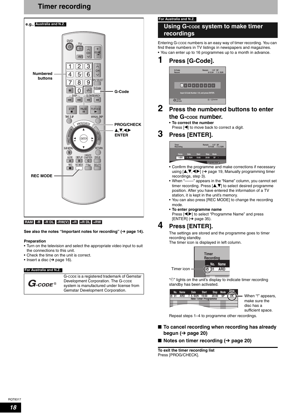 Timer recording, Press [g-code, Press the numbered buttons to enter the g | Number, Press [enter, Using g, System to make timer recordings | Panasonic DIGA DMR-ES15 User Manual | Page 18 / 52
