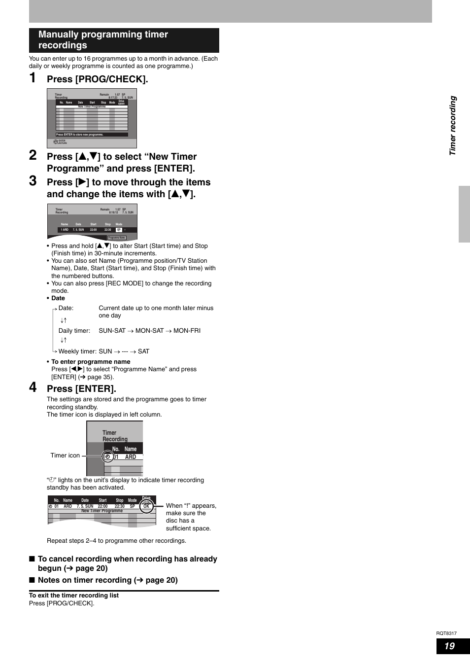 Press [prog/check, Press [enter, Manually programming timer recordings | Tim er re co rd in g | Panasonic DIGA DMR-ES15 User Manual | Page 19 / 52