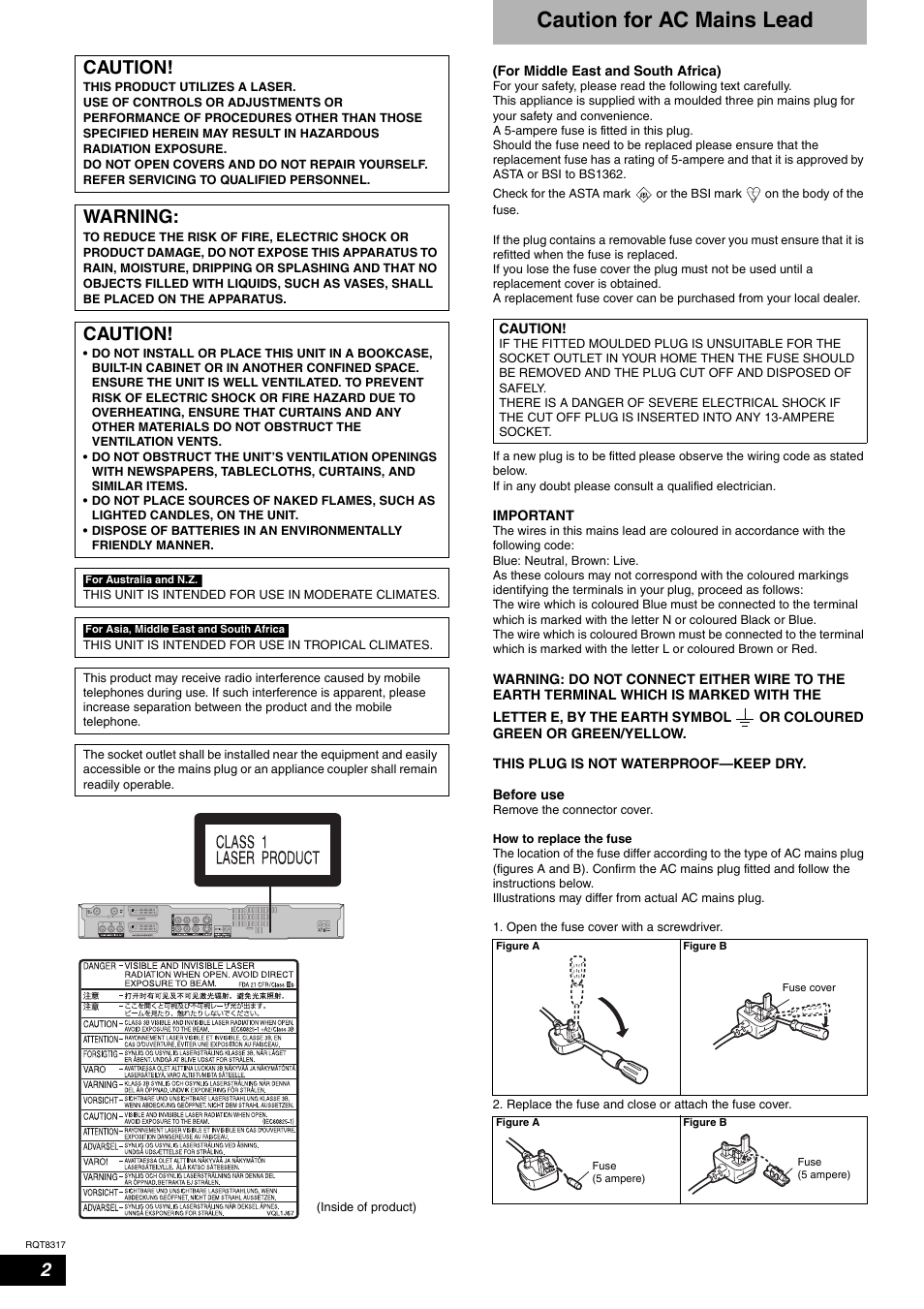 Caution for ac mains lead, Caution, Warning | Panasonic DIGA DMR-ES15 User Manual | Page 2 / 52