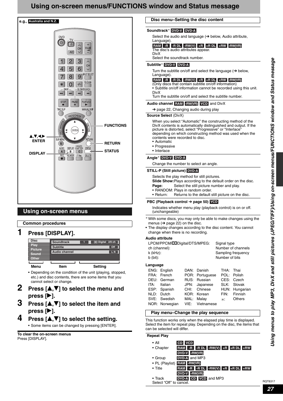 Press [display, Press [ e , r ] to select the menu and press [ q, Press [ e , r ] to select the item and press [ q | Press [ e , r ] to select the setting, Using on-screen menus | Panasonic DIGA DMR-ES15 User Manual | Page 27 / 52