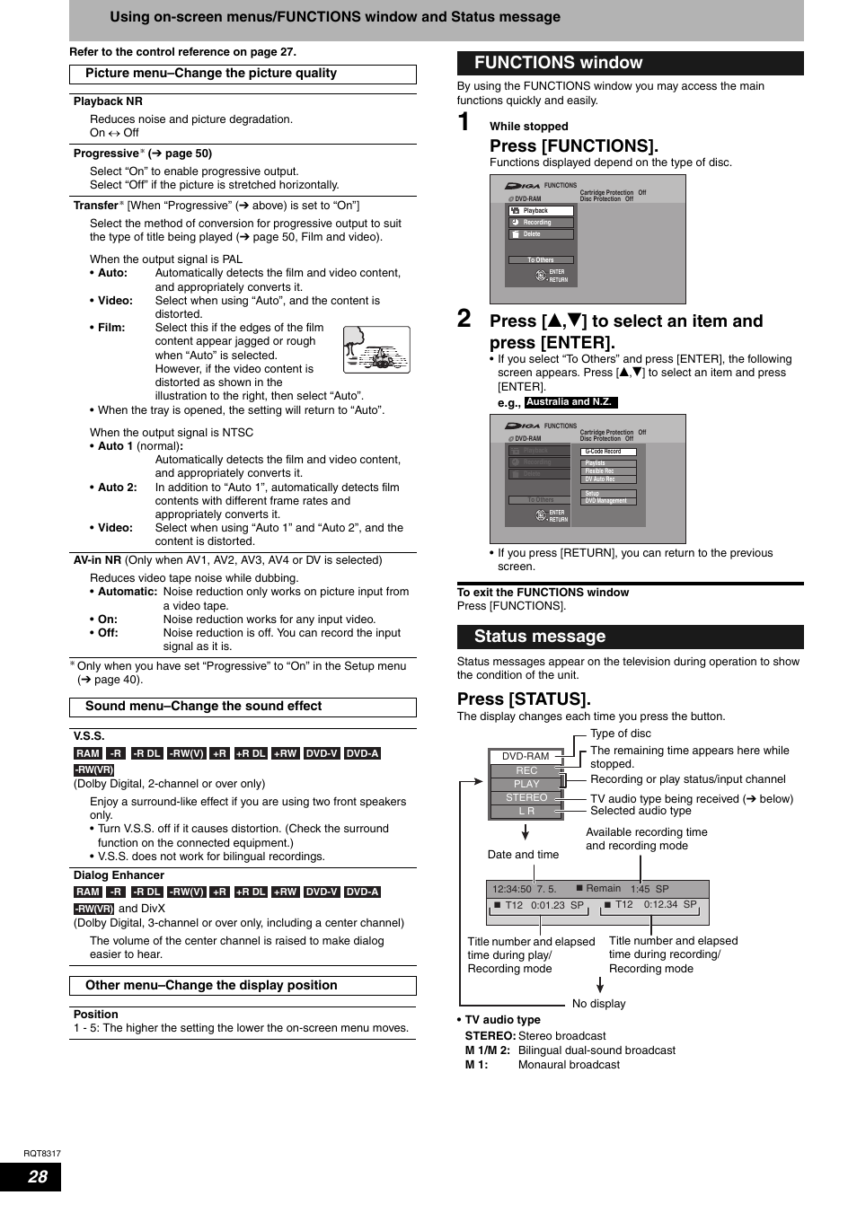 Press [functions, Press [ e , r ] to select an item and press [enter, Press [status | Functions window status message | Panasonic DIGA DMR-ES15 User Manual | Page 28 / 52