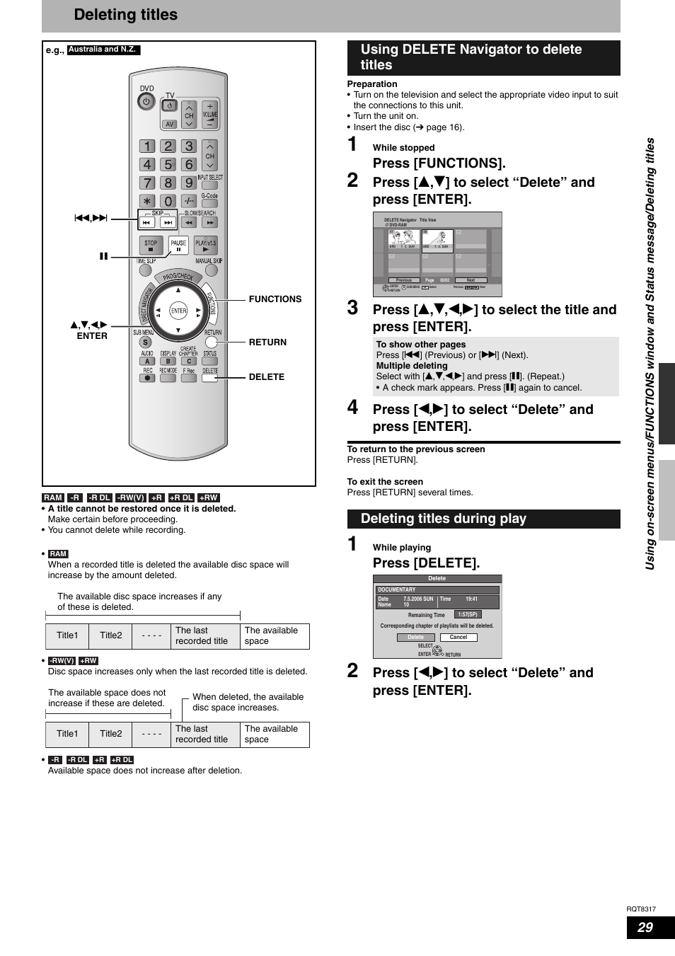 Deleting titles, Press [functions, Press [delete | Using delete navigator to delete titles, Deleting titles during play | Panasonic DIGA DMR-ES15 User Manual | Page 29 / 52