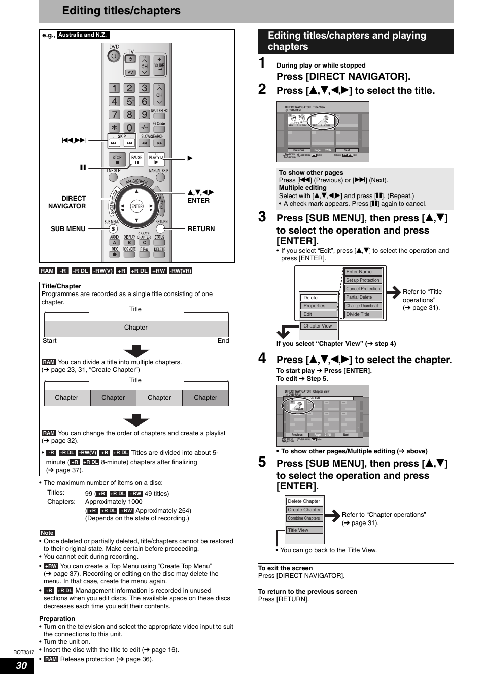 Editing titles/chapters, Press [direct navigator, Press [ e , r , w , q ] to select the title | Press [ e , r , w , q ] to select the chapter, Editing titles/chapters and playing chapters | Panasonic DIGA DMR-ES15 User Manual | Page 30 / 52