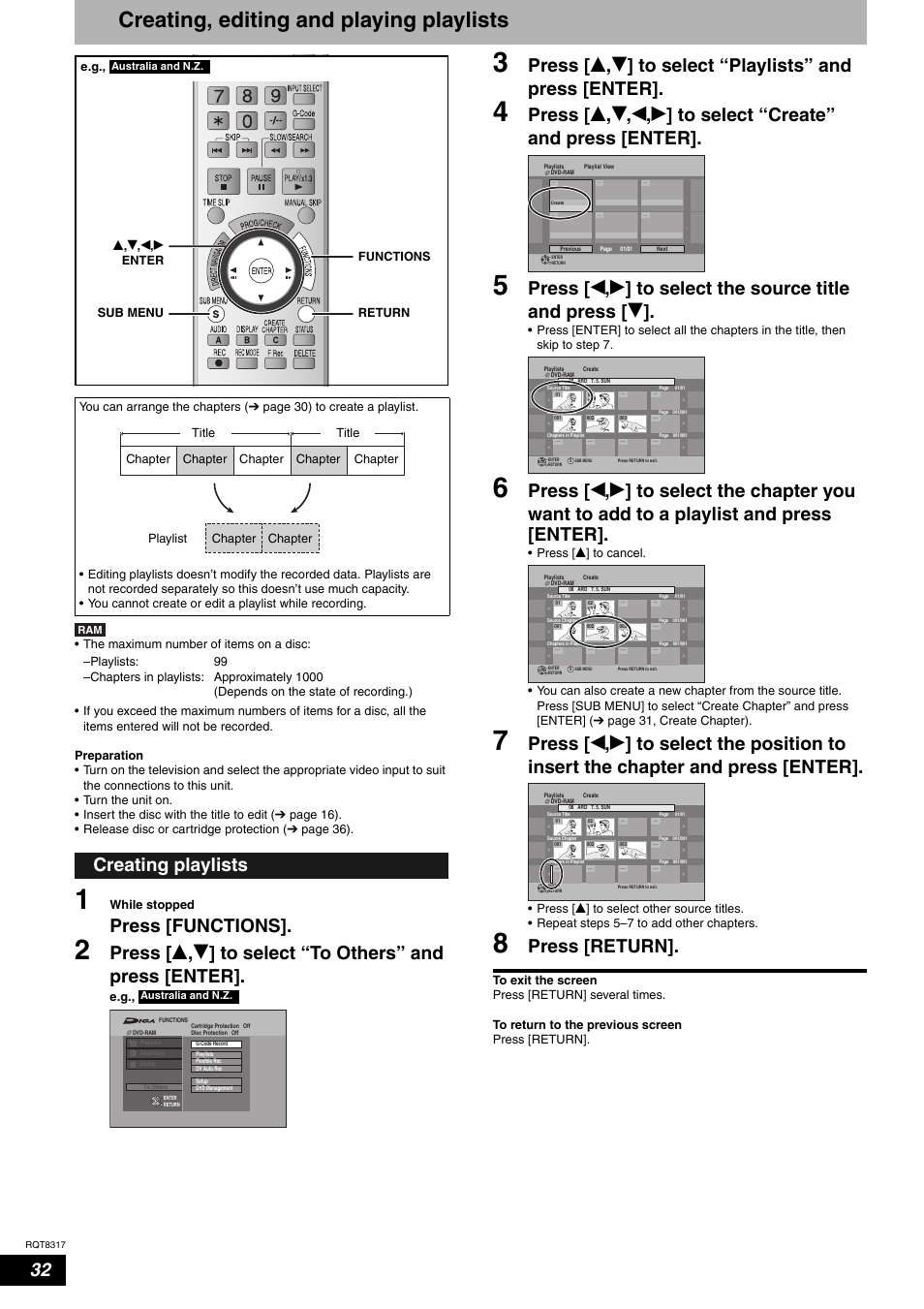 Creating, editing and playing playlists, Press [functions, Press [return | Creating playlists | Panasonic DIGA DMR-ES15 User Manual | Page 32 / 52