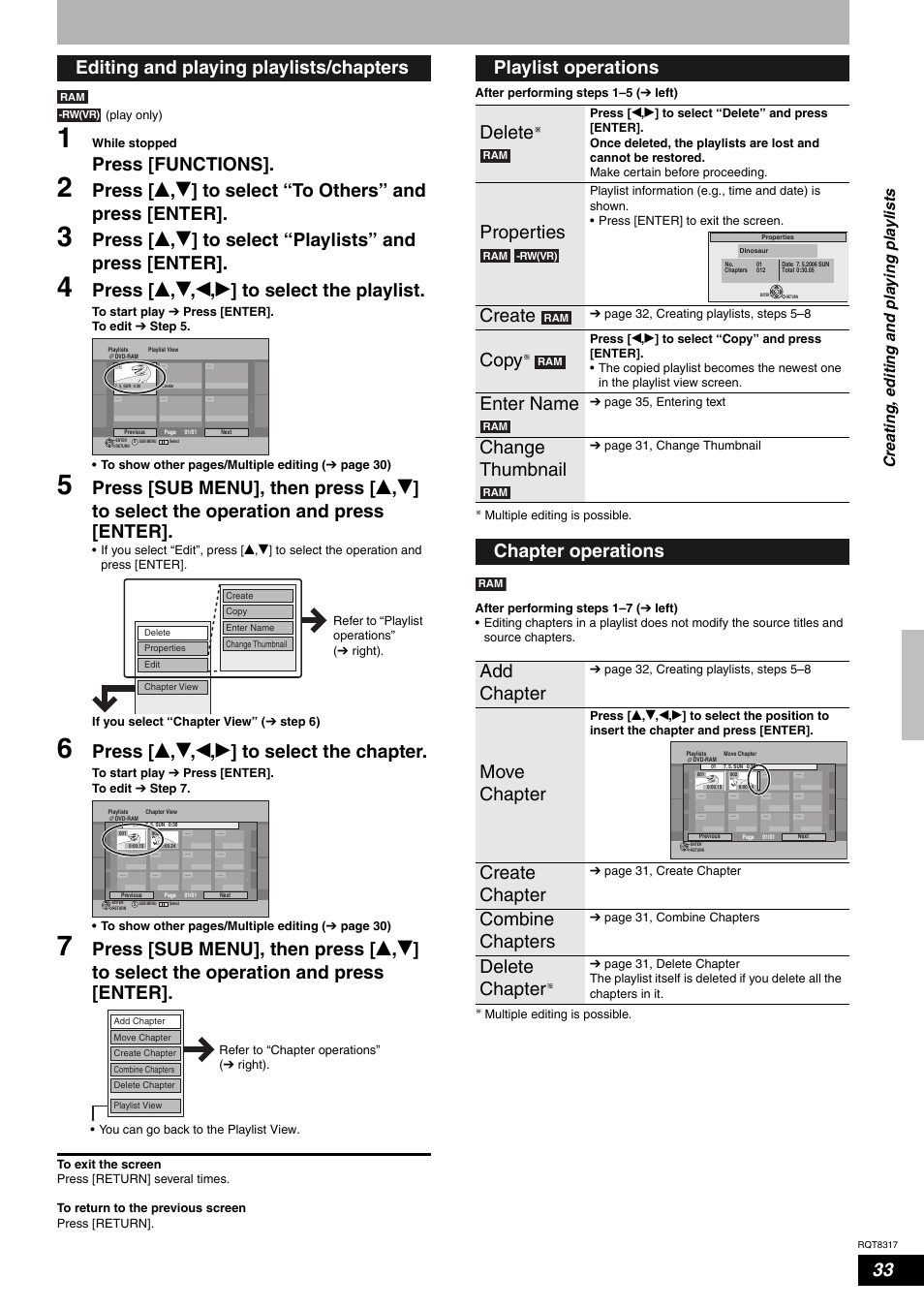 Press [functions, Press [ e , r , w , q ] to select the playlist, Press [ e , r , w , q ] to select the chapter | Editing and playing playlists/chapters, Playlist operations delete, Properties, Create, Copy, Enter name, Change thumbnail | Panasonic DIGA DMR-ES15 User Manual | Page 33 / 52