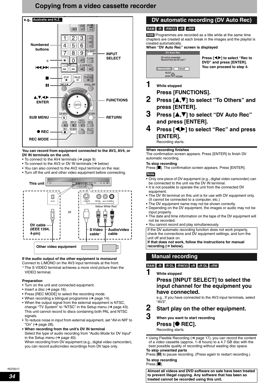 Copying from a video cassette recorder, Press [functions, Press [ w , q ] to select “rec” and press [enter | Start play on the other equipment, Press [ * rec, Dv automatic recording (dv auto rec), Manual recording | Panasonic DIGA DMR-ES15 User Manual | Page 34 / 52