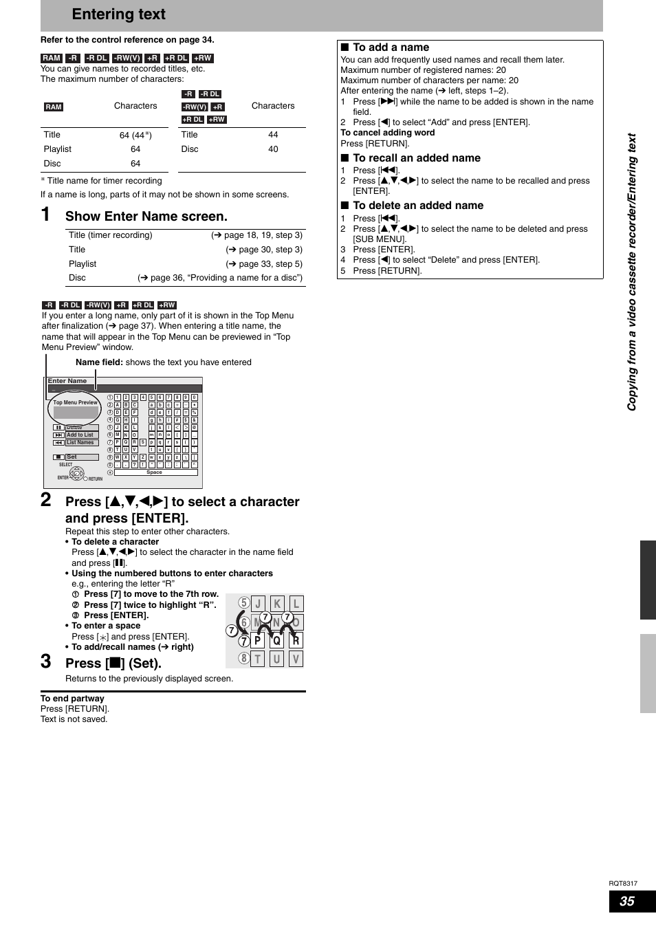 Entering text, Show enter name screen, Press [ g ] (set) | Nto add a name, Nto recall an added name, Nto delete an added name | Panasonic DIGA DMR-ES15 User Manual | Page 35 / 52