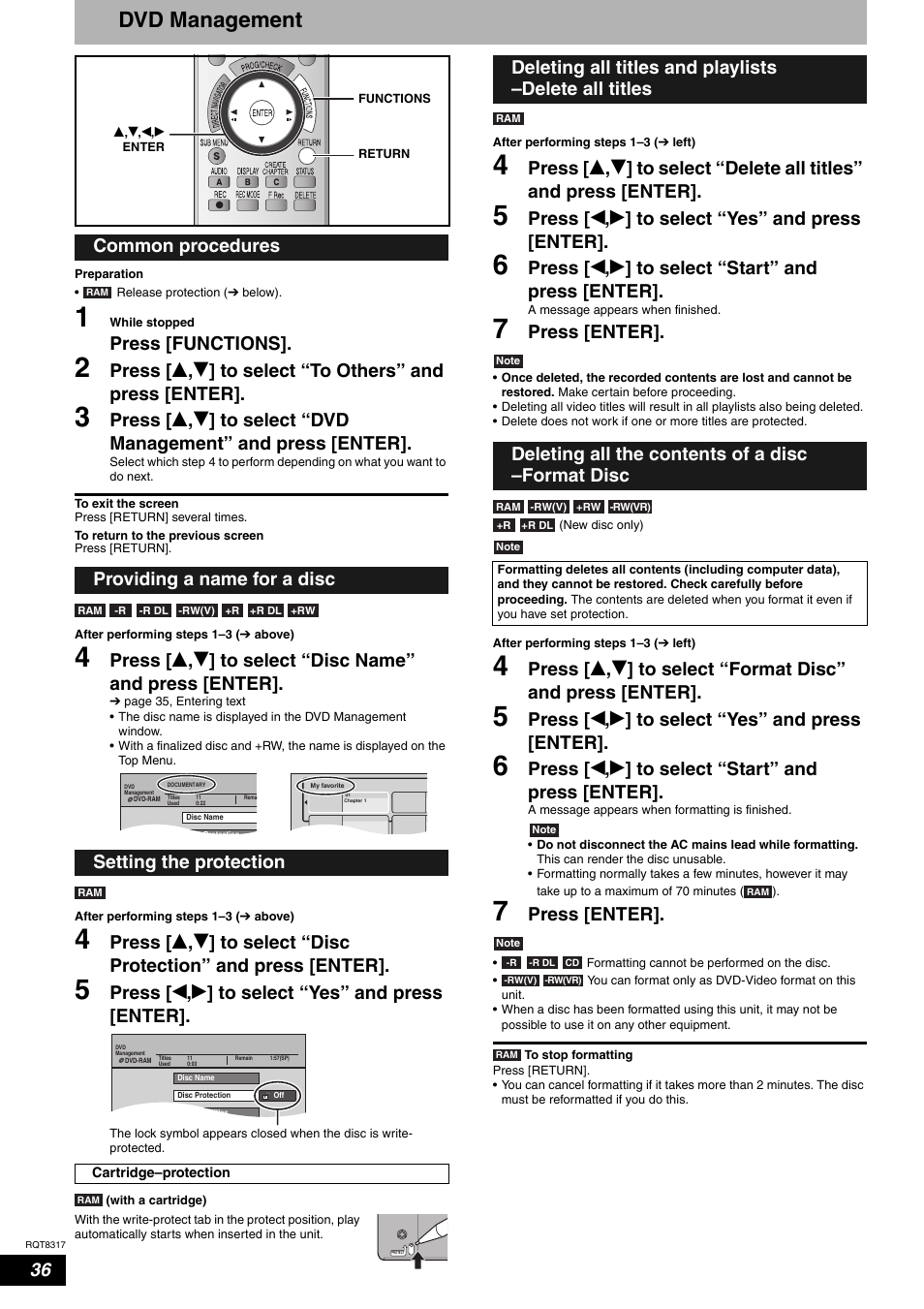 Dvd management, Press [functions, Press [ w , q ] to select “yes” and press [enter | Press [ w , q ] to select “start” and press [enter, Press [enter | Panasonic DIGA DMR-ES15 User Manual | Page 36 / 52