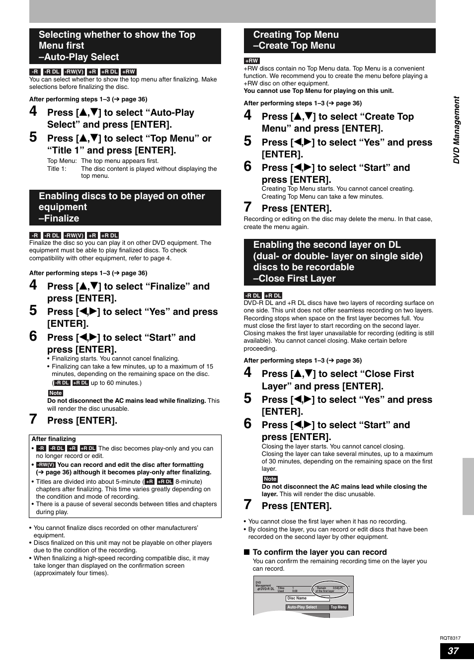 Press [ w , q ] to select “yes” and press [enter, Press [ w , q ] to select “start” and press [enter, Press [enter | Panasonic DIGA DMR-ES15 User Manual | Page 37 / 52
