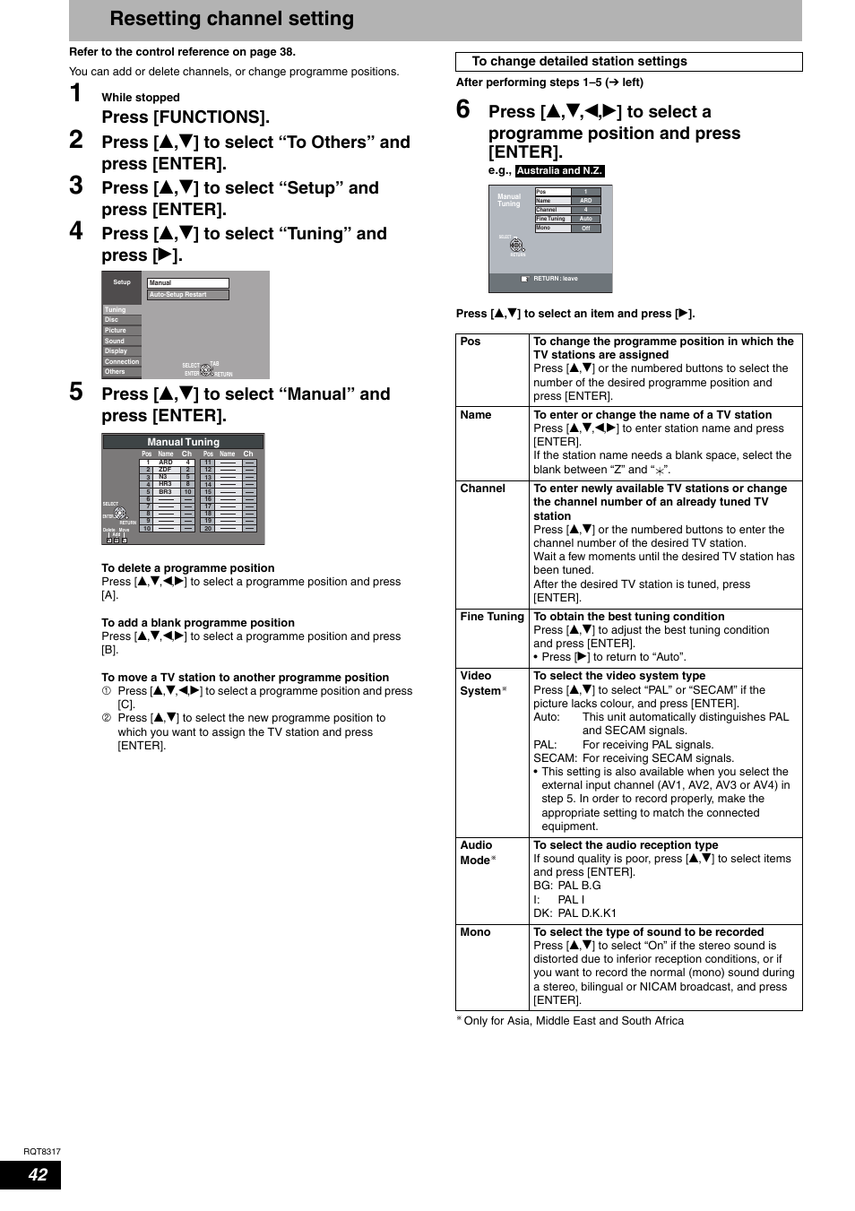Resetting channel setting, Press [functions, Press [ e , r ] to select “setup” and press [enter | Press [ e , r ] to select “tuning” and press [ q | Panasonic DIGA DMR-ES15 User Manual | Page 42 / 52