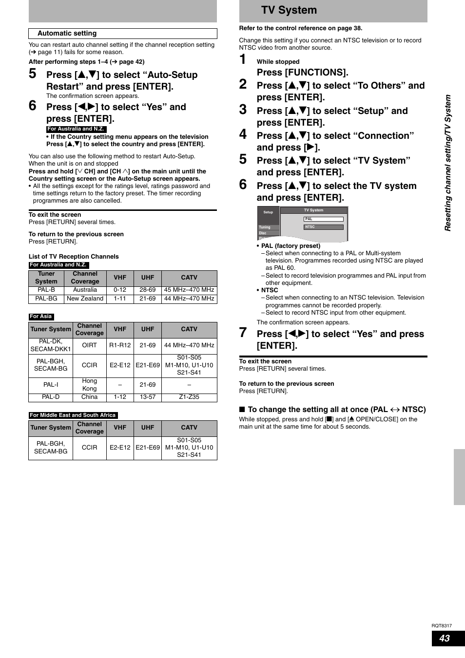 Tv system, Press [ w , q ] to select “yes” and press [enter, Press [functions | Press [ e , r ] to select “setup” and press [enter | Panasonic DIGA DMR-ES15 User Manual | Page 43 / 52