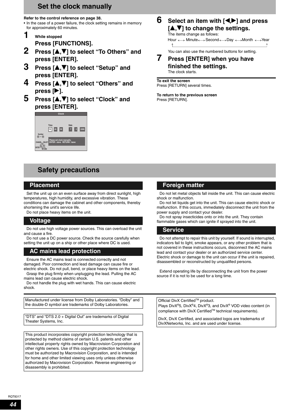 Set the clock manually, Safety precautions, Press [functions | Press [ e , r ] to select “setup” and press [enter, Press [ e , r ] to select “others” and press [ q, Press [ e , r ] to select “clock” and press [enter, Press [enter] when you have finished the settings | Panasonic DIGA DMR-ES15 User Manual | Page 44 / 52