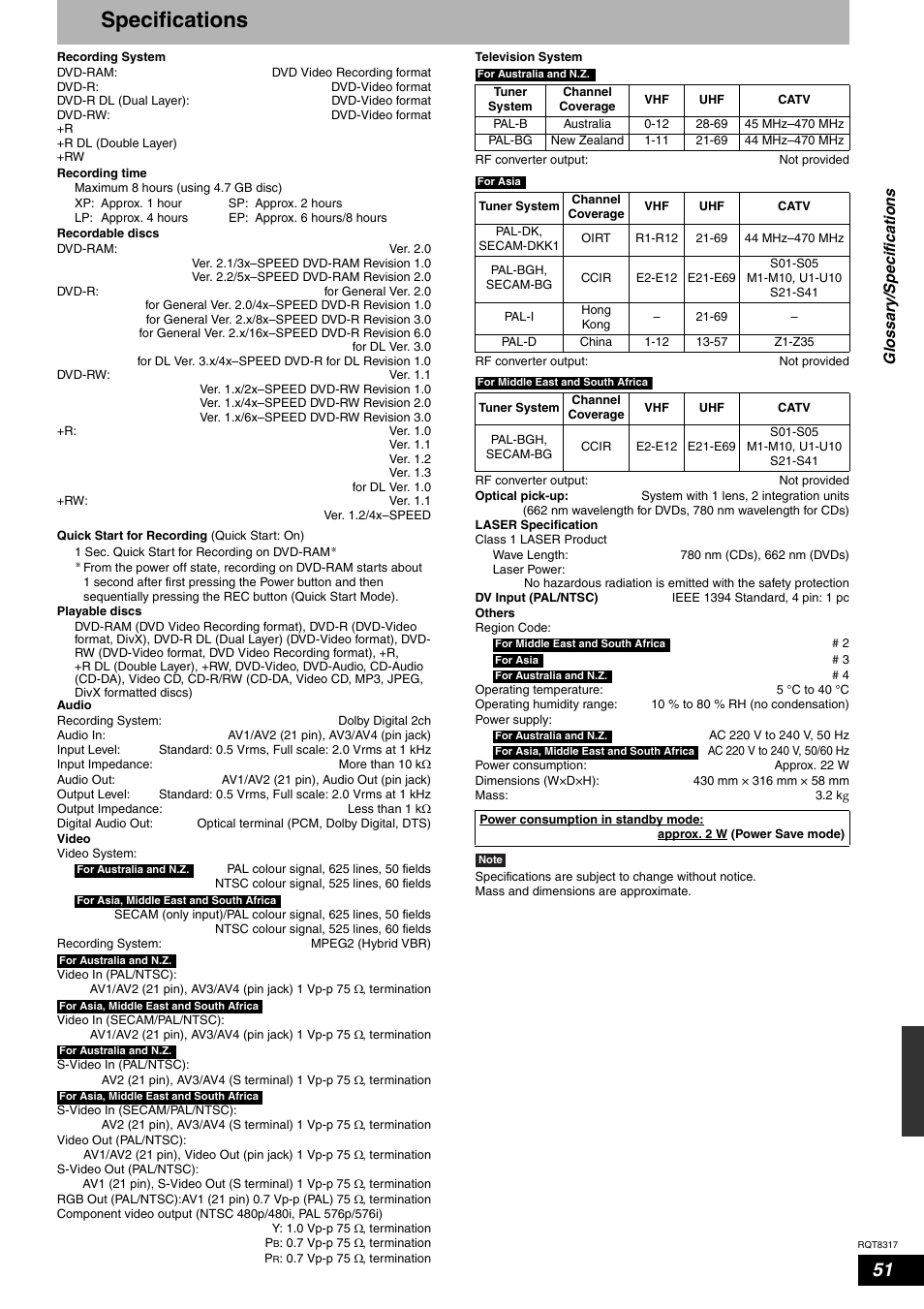 Specifications | Panasonic DIGA DMR-ES15 User Manual | Page 51 / 52