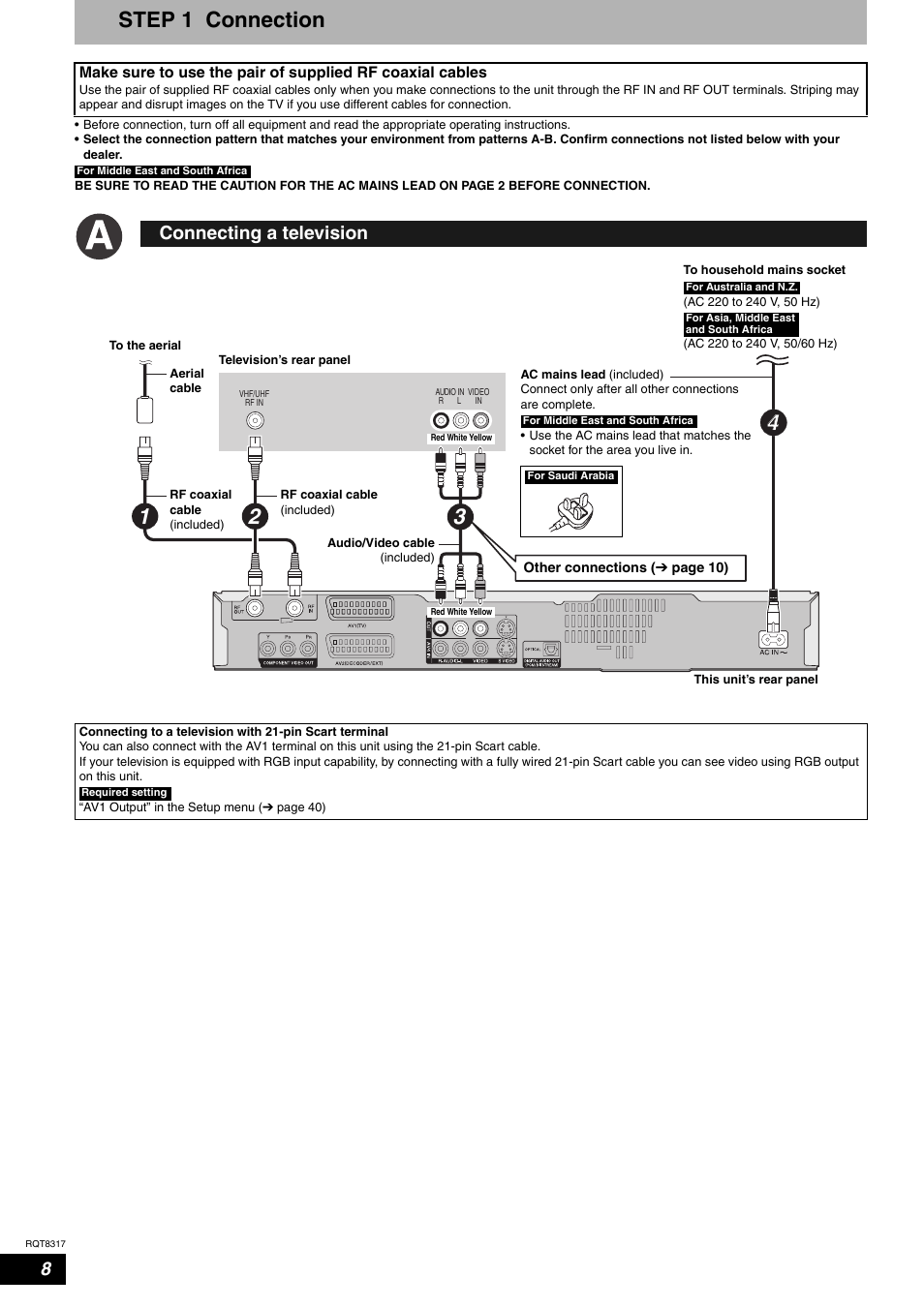 Step 1 connection, Connecting a television | Panasonic DIGA DMR-ES15 User Manual | Page 8 / 52