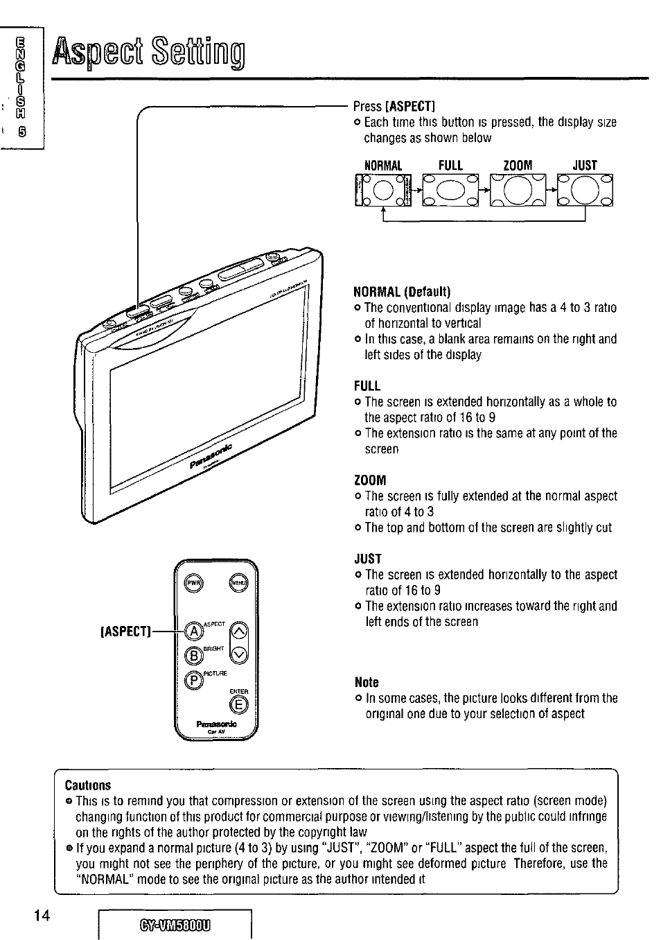 Normal, Full, Zoom | Just, Normal (default), Note, Cautions | Panasonic CY-VM5800U User Manual | Page 14 / 64