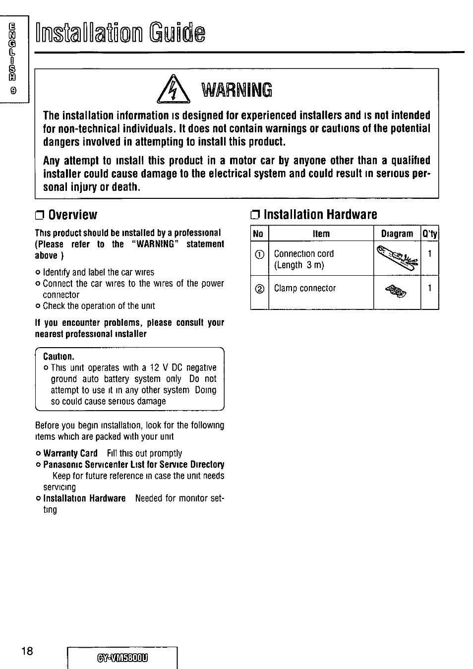 Overviewf, Installation hardware | Panasonic CY-VM5800U User Manual | Page 18 / 64