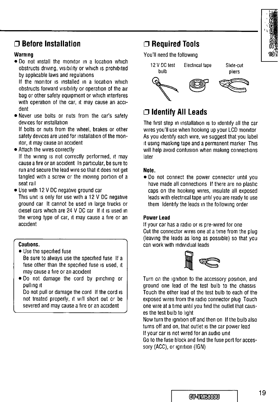 Before installation, Required toois, Identify aii leads | Panasonic CY-VM5800U User Manual | Page 19 / 64