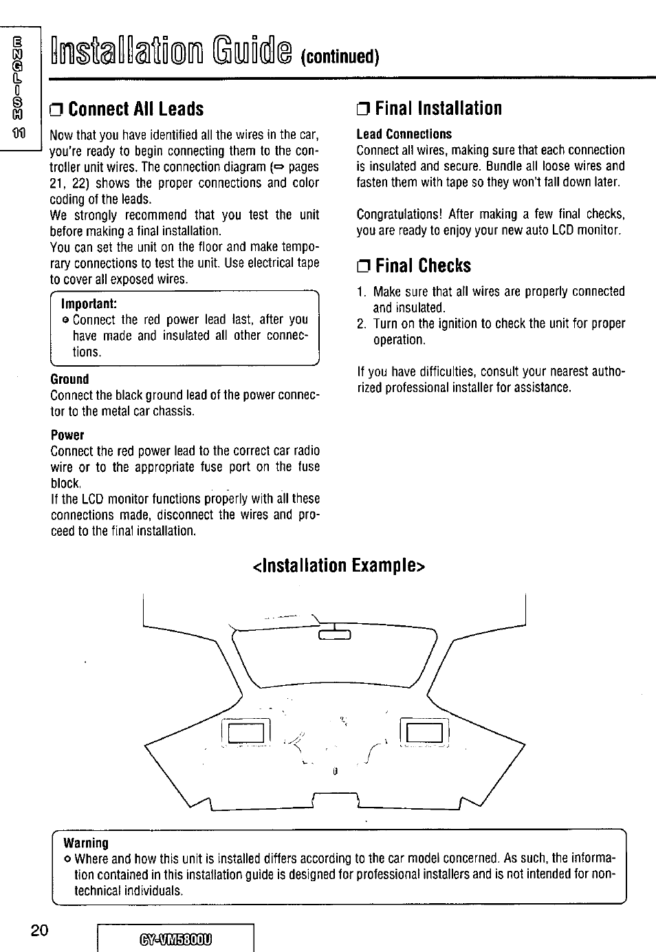Continued), Connect all leads, Final installation | A final checks, Lnstallation example, Retai, Continued) □ connect all leads | Panasonic CY-VM5800U User Manual | Page 20 / 64