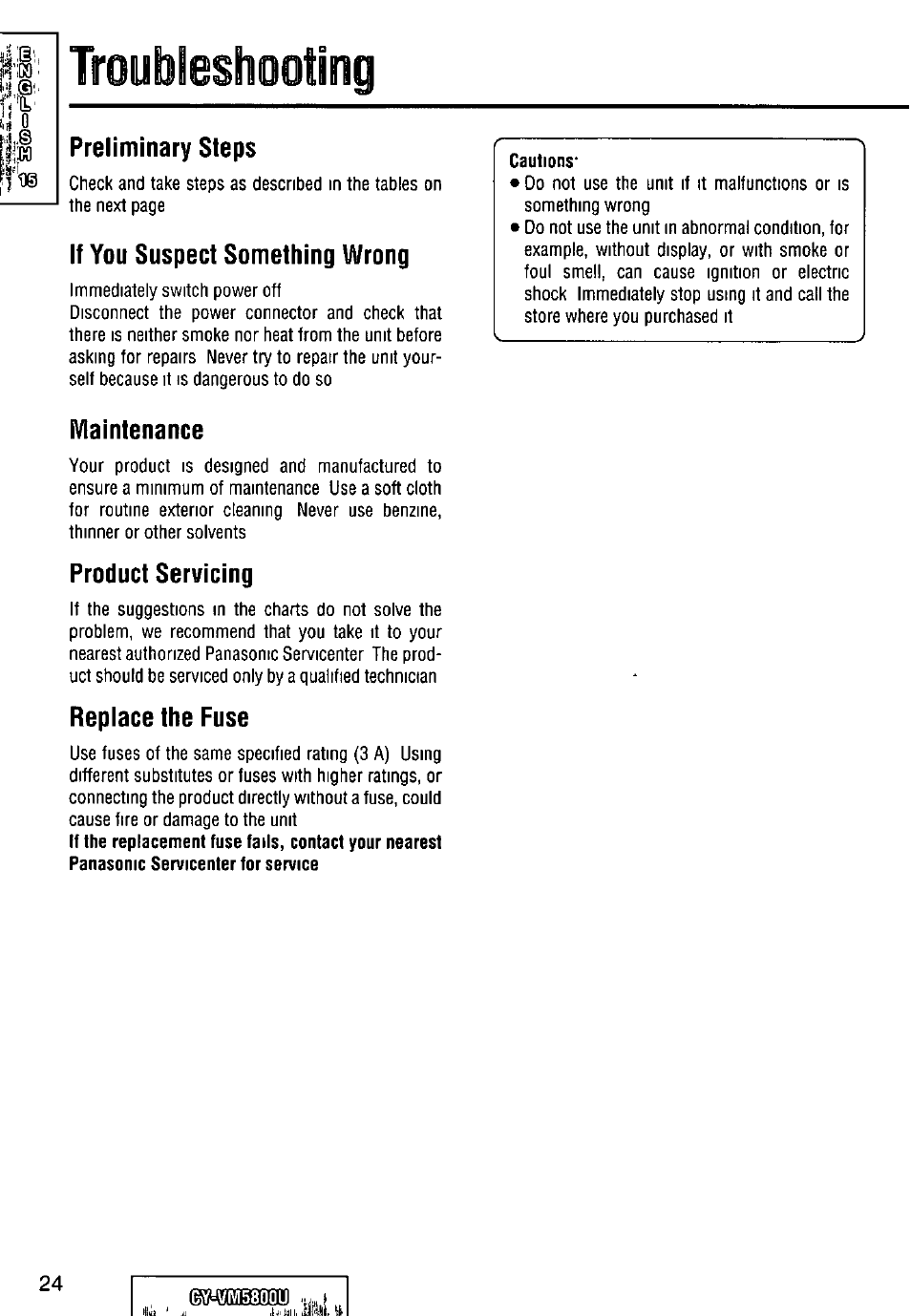 Troubleshooting, Preliminary steps, If you suspect something wrong | Maintenance, Product servicing, Replace the fuse | Panasonic CY-VM5800U User Manual | Page 24 / 64