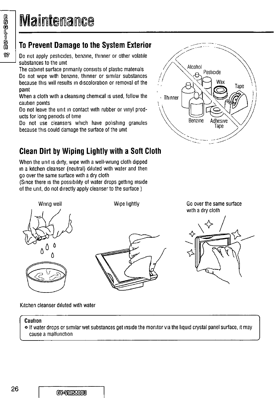 To prevent damage to the system exterior, Clean dirt by wiping lightly with a sott cloth, Maidtenamgi | Panasonic CY-VM5800U User Manual | Page 26 / 64
