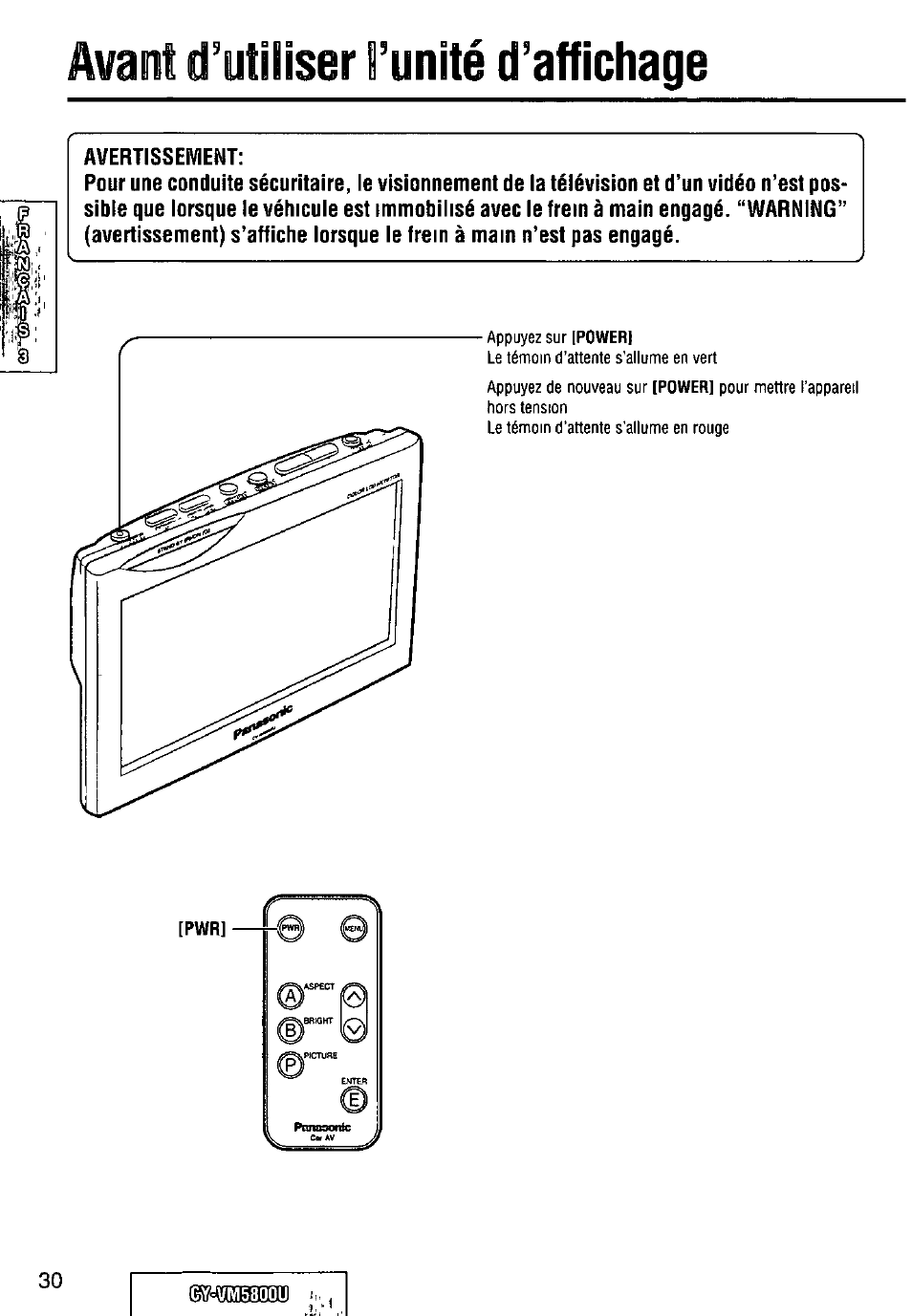 Avant d’utiliser l’unité d’affichage | Panasonic CY-VM5800U User Manual | Page 30 / 64
