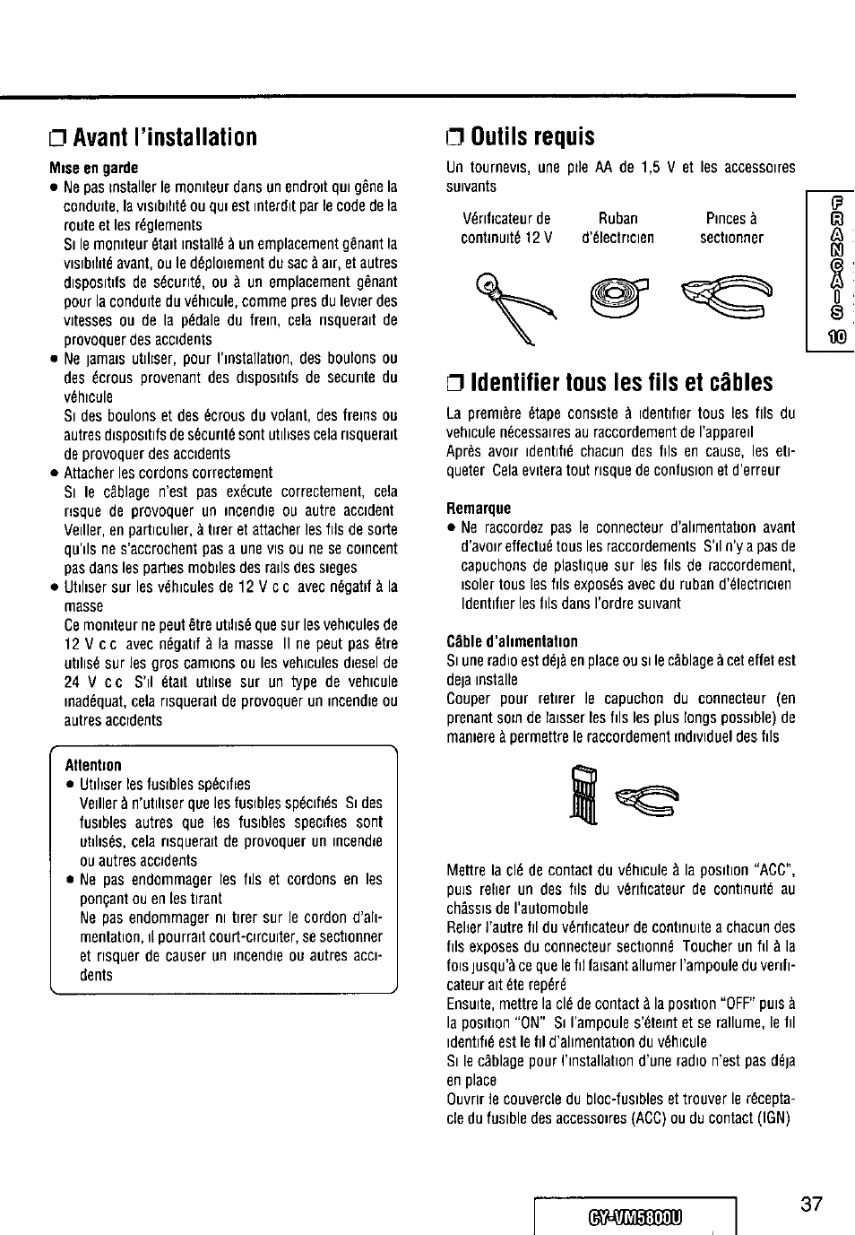 A avant rinstallation, Outils requis, Identifier tous tes fits et câbles | Remarque, Câble d'alimentation | Panasonic CY-VM5800U User Manual | Page 37 / 64