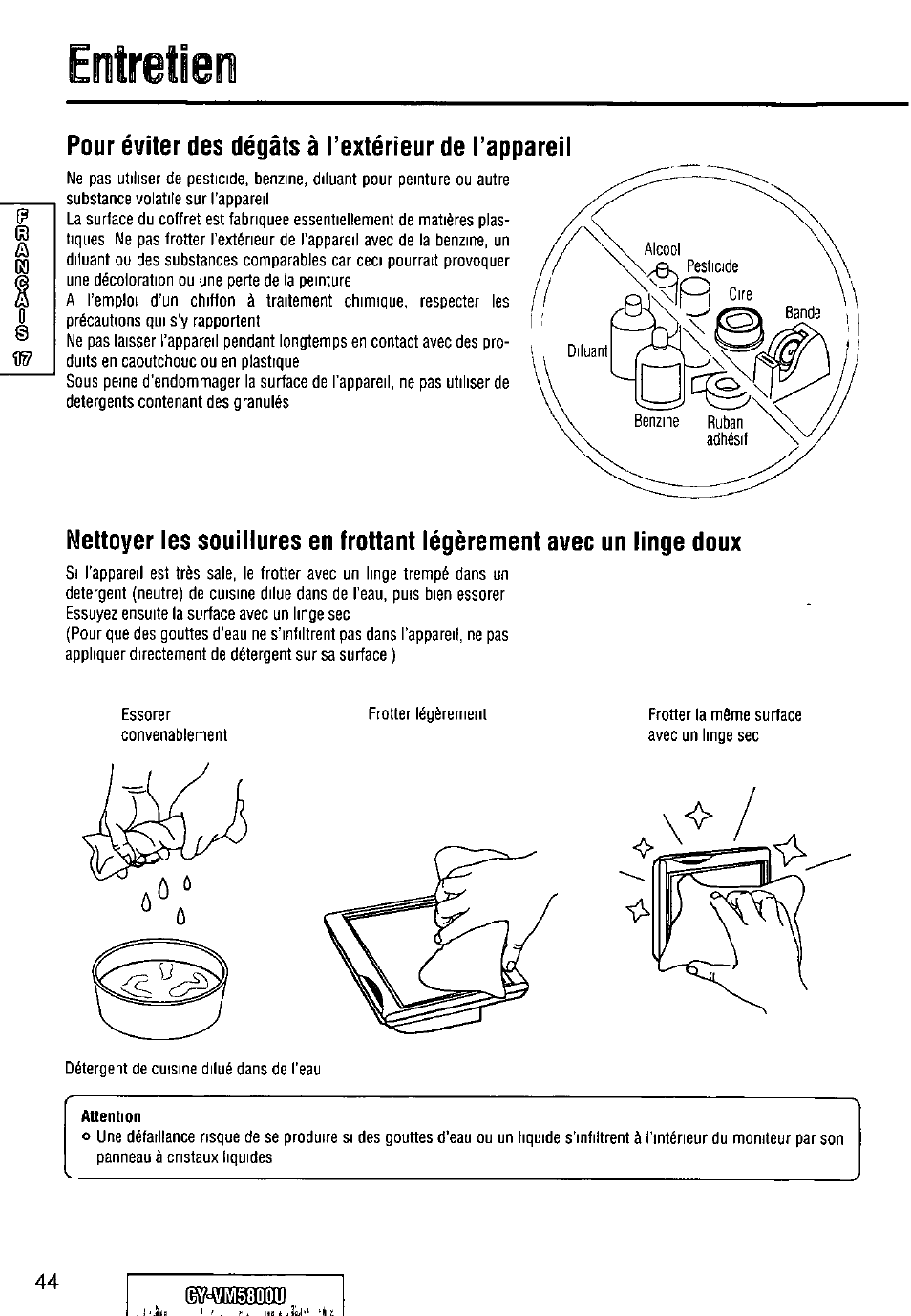 Pour éviter des dégâts à textérieur de tappareîl, Attention | Panasonic CY-VM5800U User Manual | Page 44 / 64