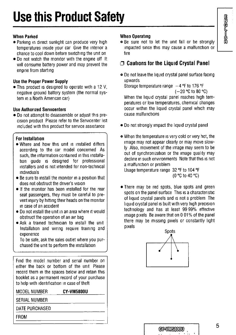 Use this product safety, When parked, Use the proper power supply | Use authorized servicenters, Cy-vm5800u, When operating | Panasonic CY-VM5800U User Manual | Page 5 / 64