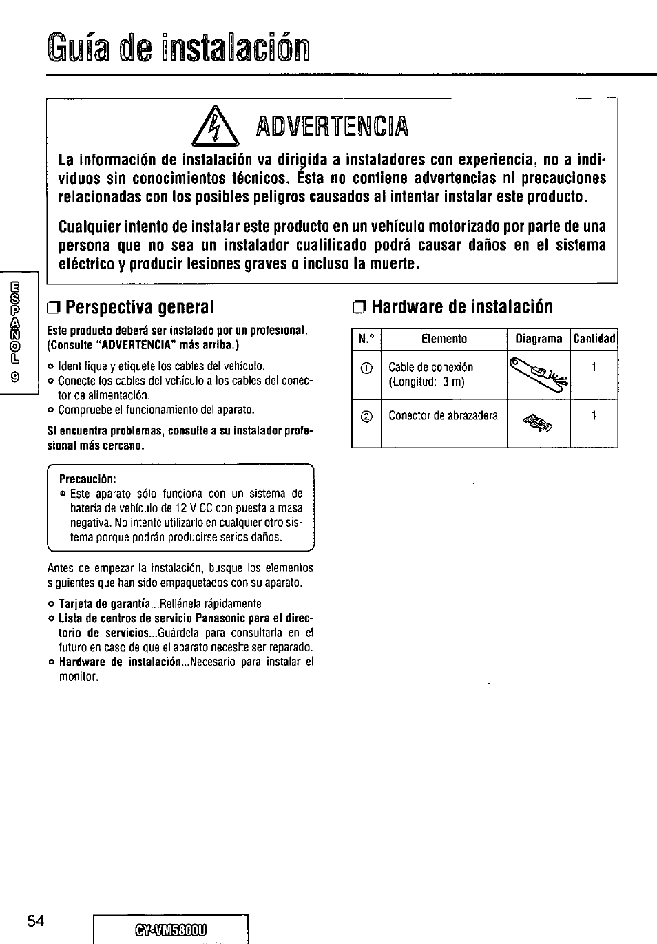 Perspectiva general, Hardware de instalación, Uía de ipstaiación | Advertencia | Panasonic CY-VM5800U User Manual | Page 54 / 64