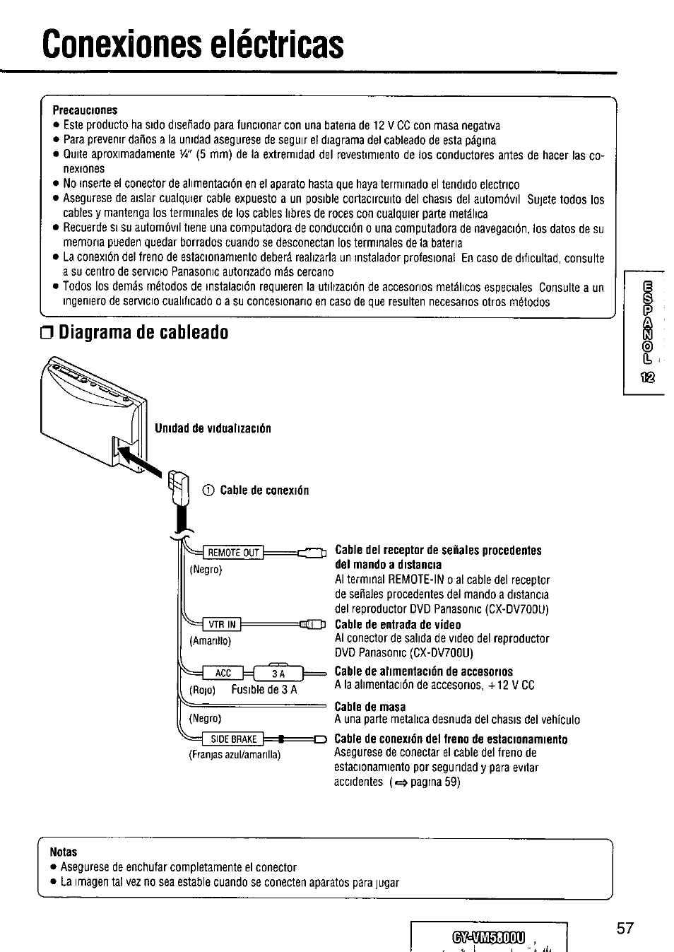 Conexiones eléctricas, Precauciones, Diagrama de cabieado | Cable de masa, Notas | Panasonic CY-VM5800U User Manual | Page 57 / 64