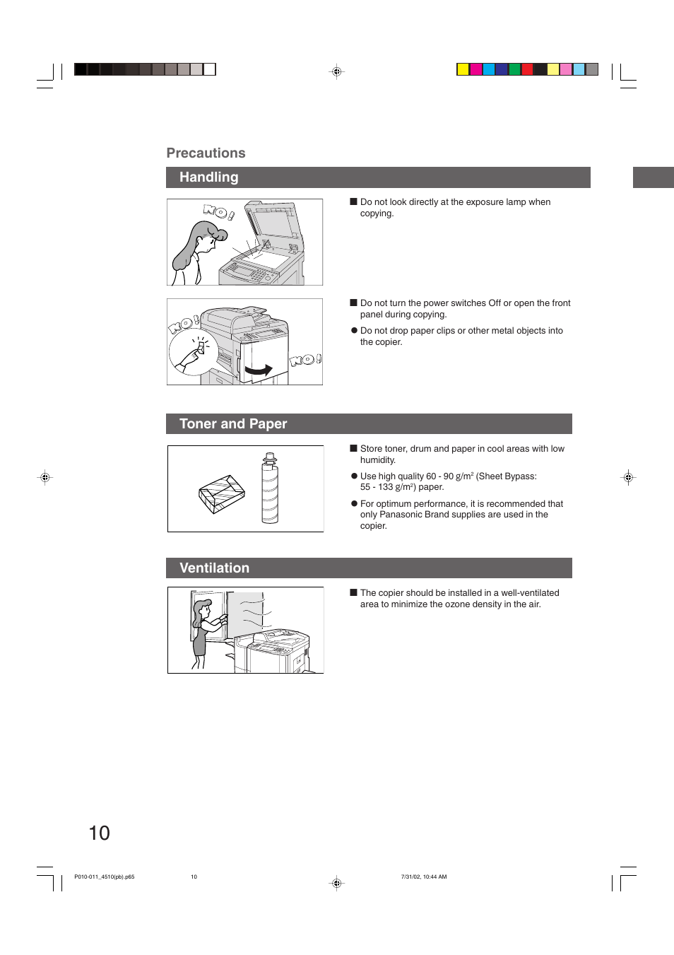 Precautions handling, Toner and paper, Ventilation | Panasonic DP-3510 User Manual | Page 10 / 130