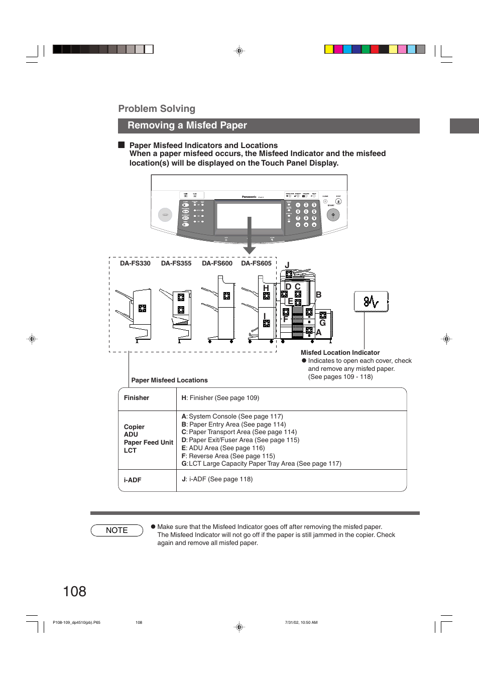 Removing a misfed paper, Problem solving | Panasonic DP-3510 User Manual | Page 108 / 130