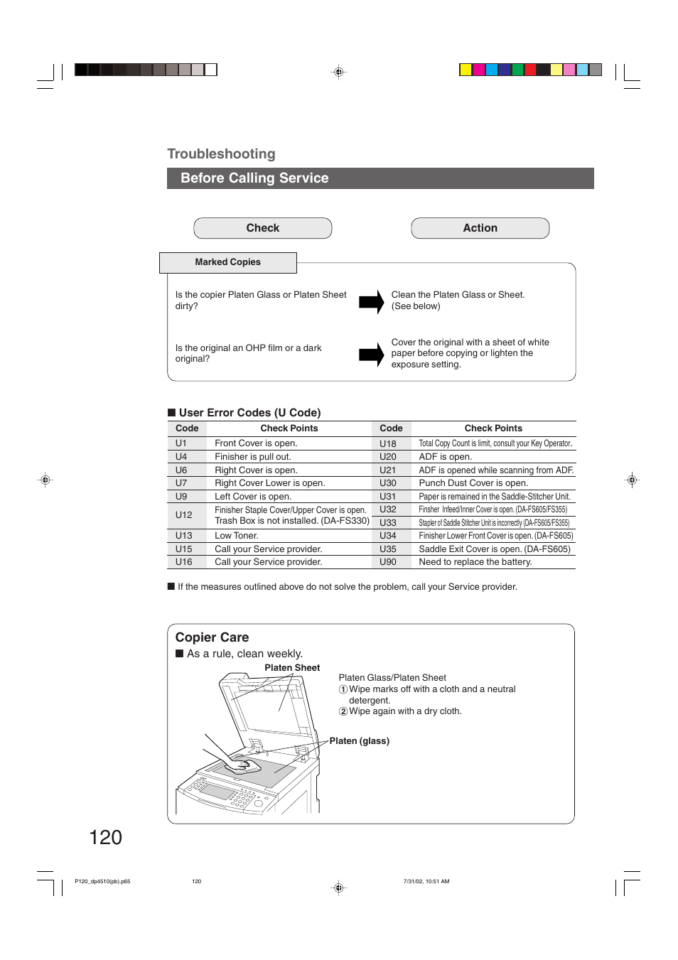 Troubleshooting, Before calling service, Copier care | Panasonic DP-3510 User Manual | Page 120 / 130