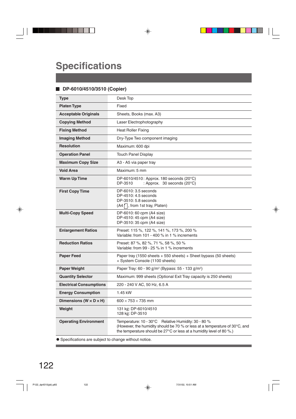 Specifications | Panasonic DP-3510 User Manual | Page 122 / 130