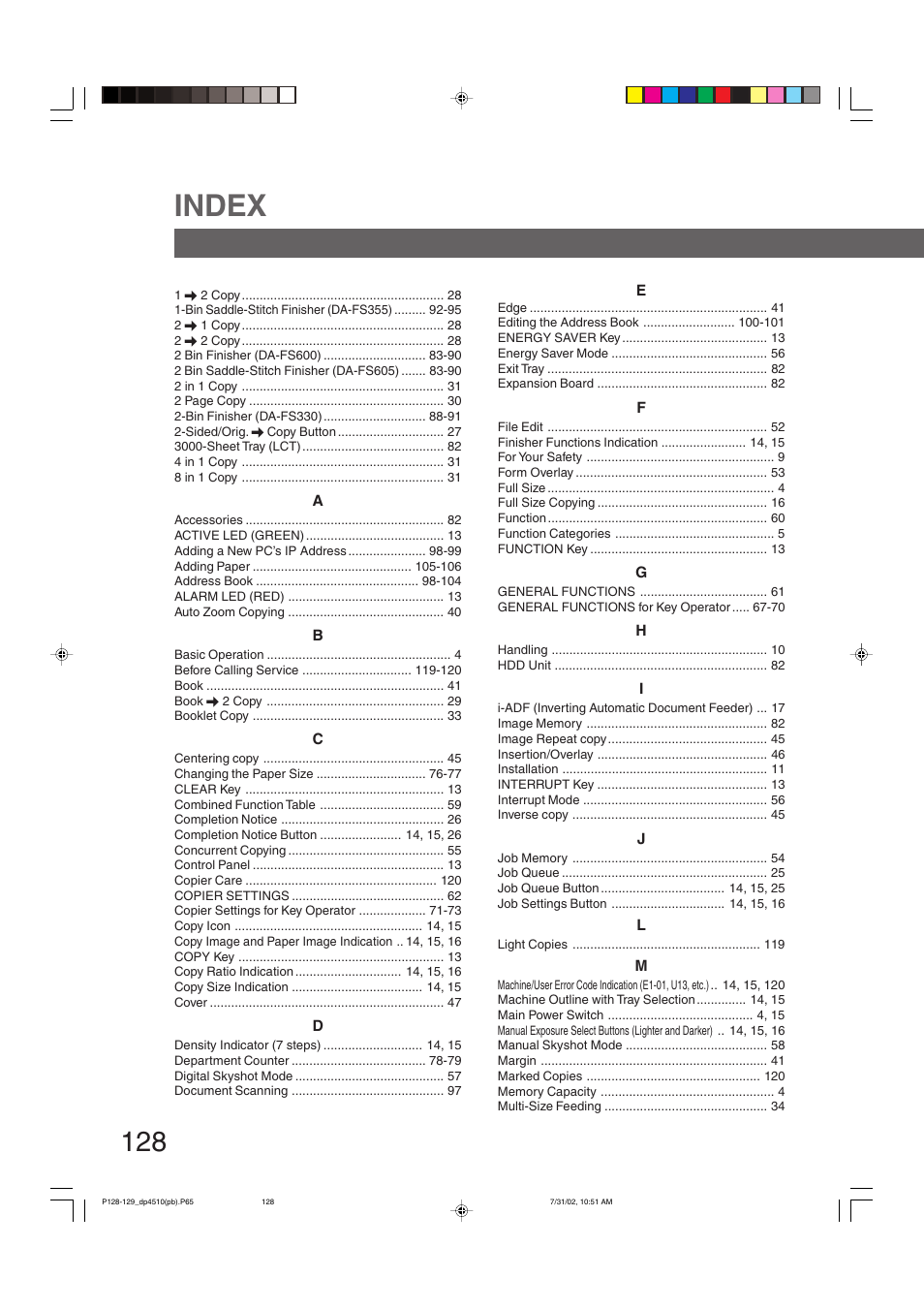 Index | Panasonic DP-3510 User Manual | Page 128 / 130