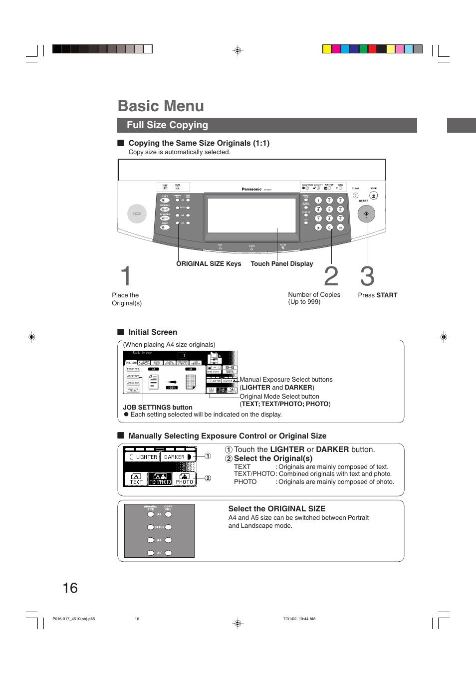 Basic menu | Panasonic DP-3510 User Manual | Page 16 / 130