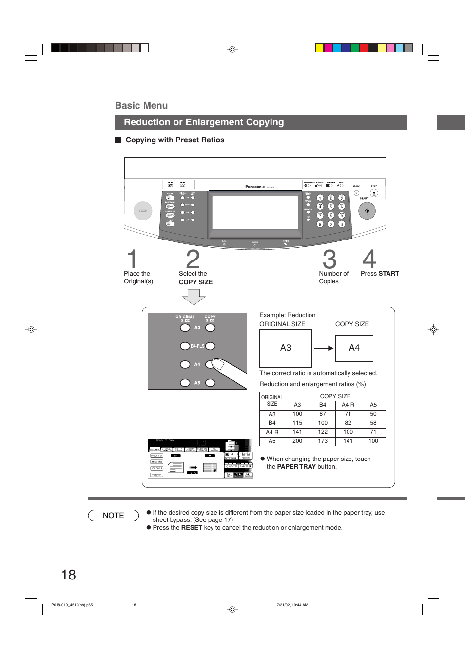 Reduction or enlargement copying, Basic menu | Panasonic DP-3510 User Manual | Page 18 / 130