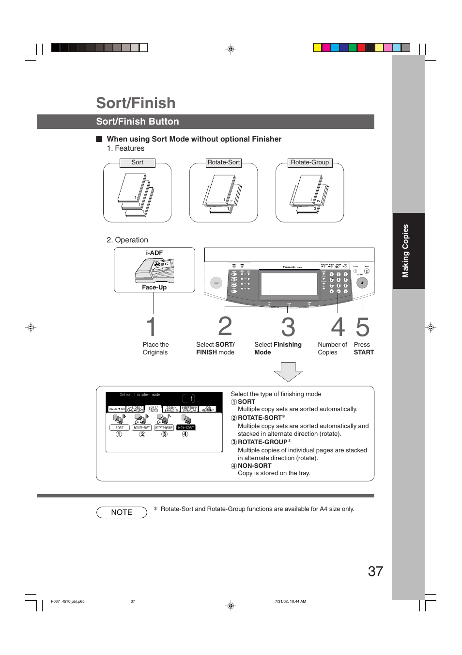 Sort/finish | Panasonic DP-3510 User Manual | Page 37 / 130