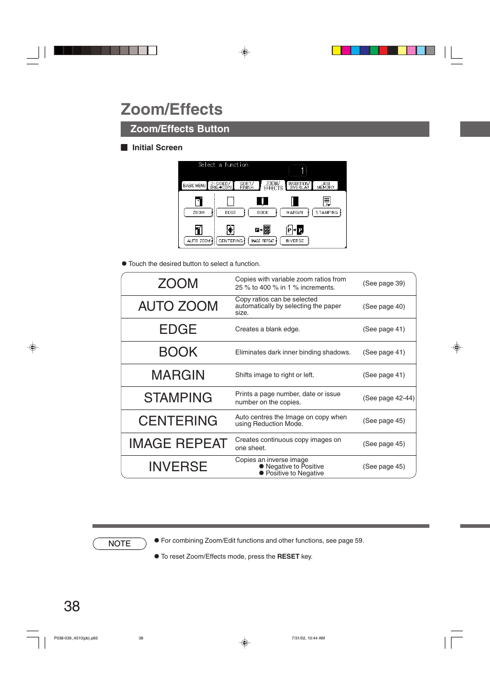 Zoom/effects, Zoom, Auto zoom | Edge, Book, Margin, Stamping, Centering, Image repeat, Inverse | Panasonic DP-3510 User Manual | Page 38 / 130